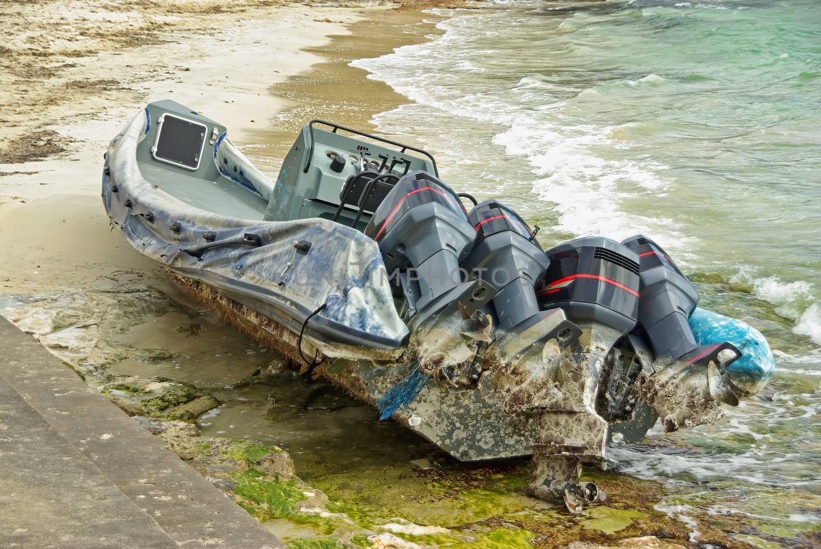 Wrecked Powerboat in the mediterranean sea used for illegal human transportation from Africa