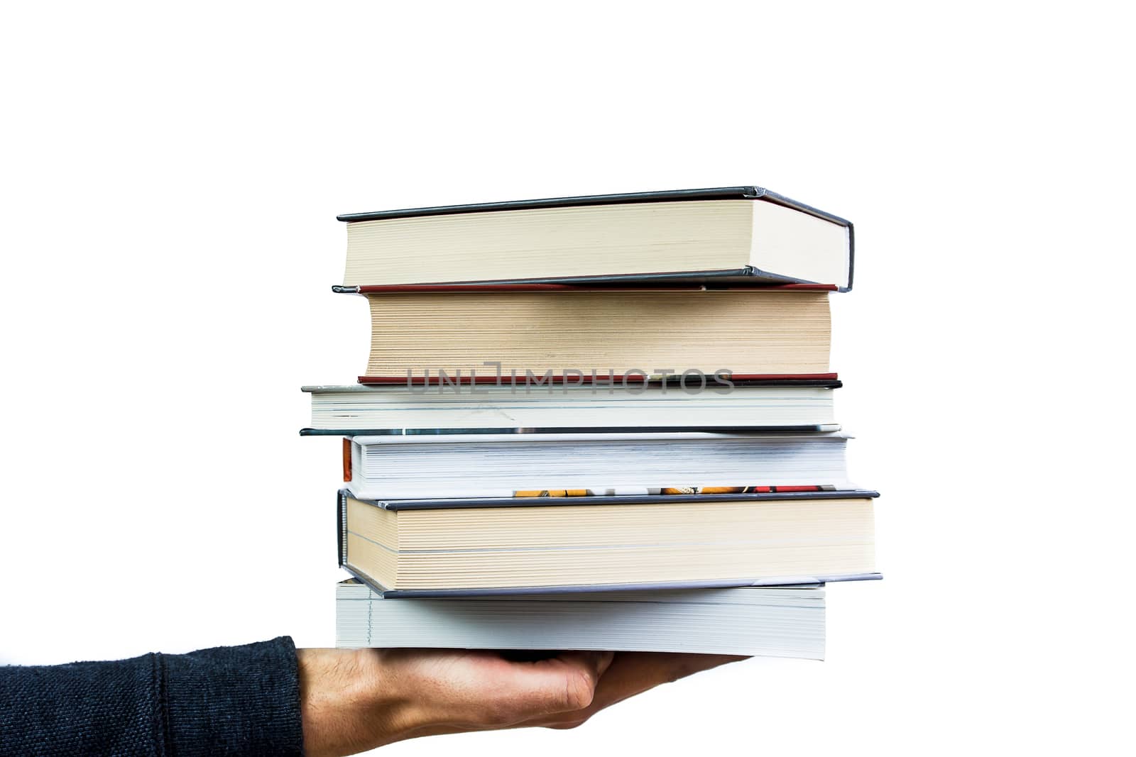 Men holding six books with one hand