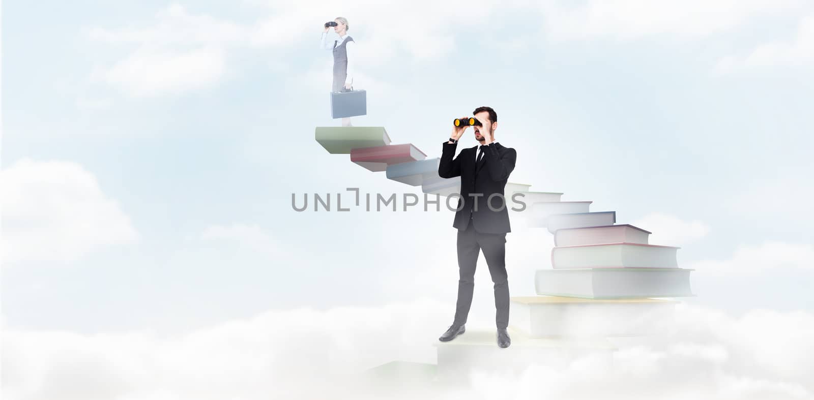 Composite image of elegant businessman standing and using binoculars  by Wavebreakmedia