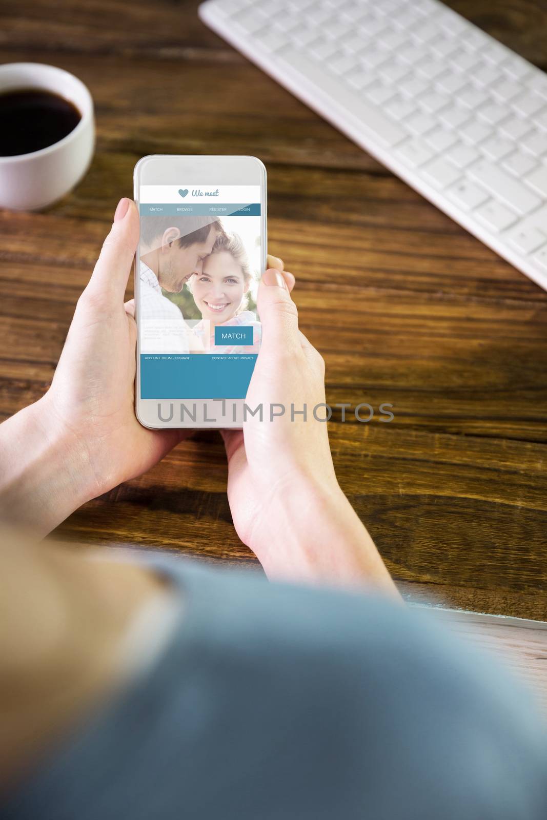 Woman using smartphone against dating website