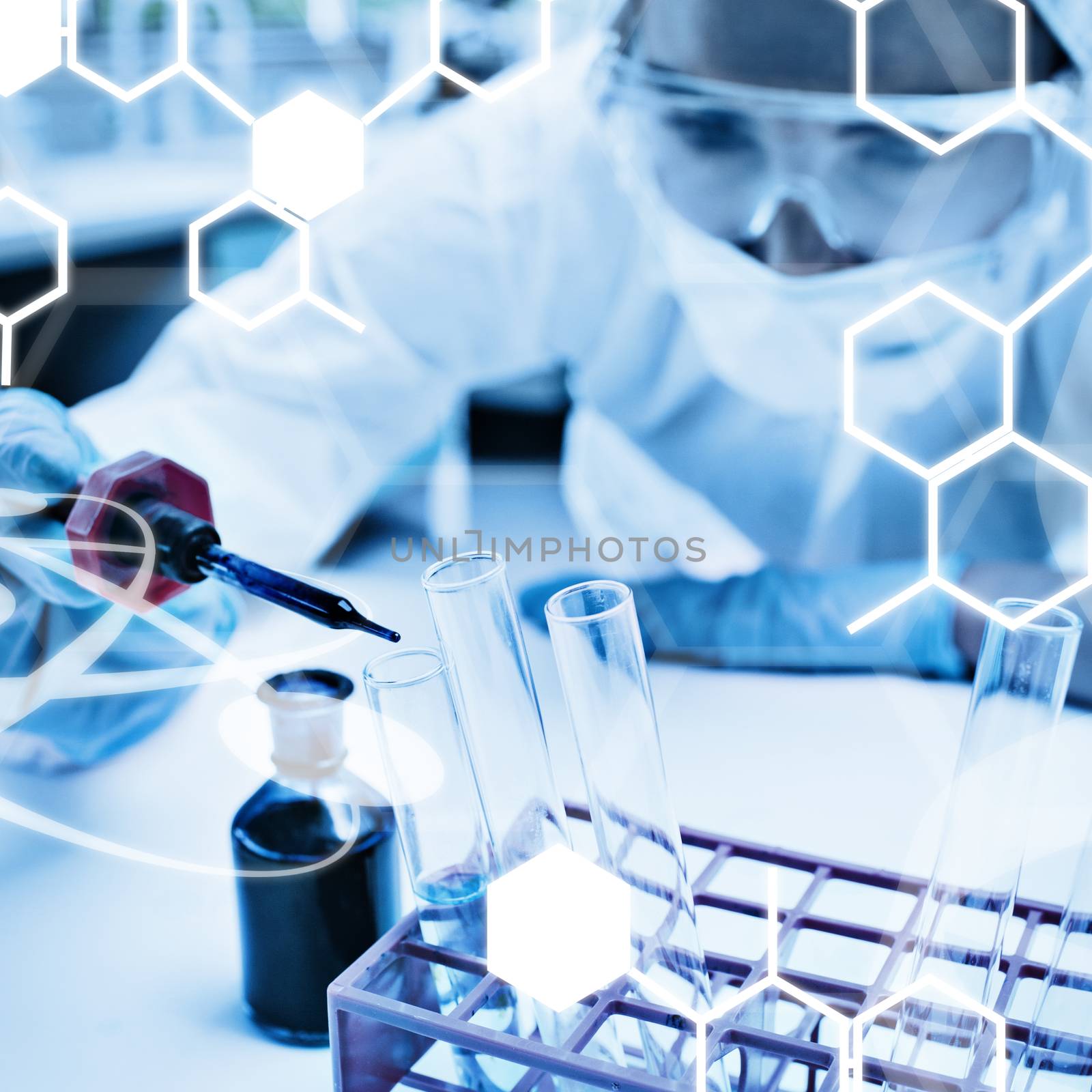 Science graphic against portrait of a protected scientist dropping blue liquid in a test tube