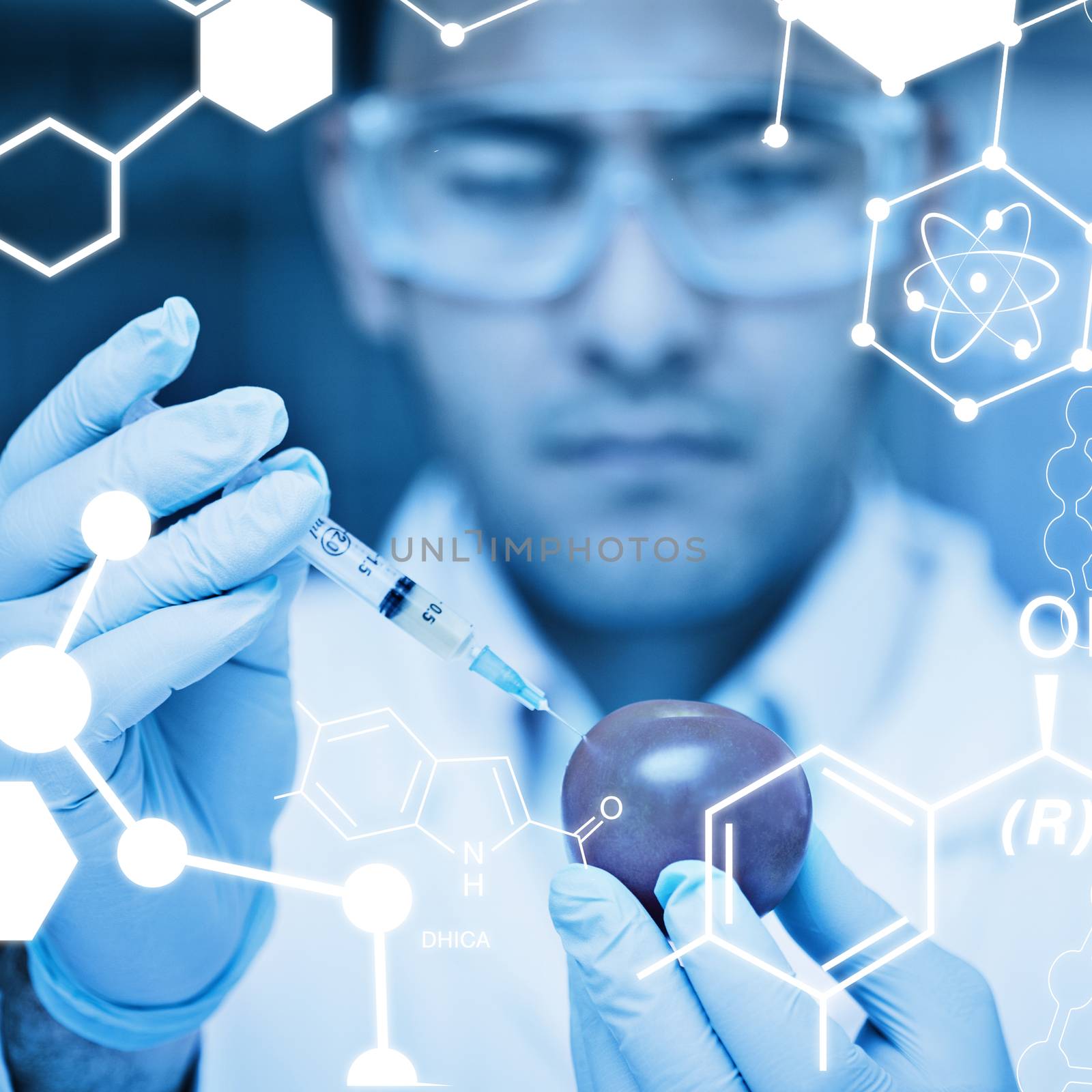 Science graphic against scientific researcher injecting a tomato at the lab