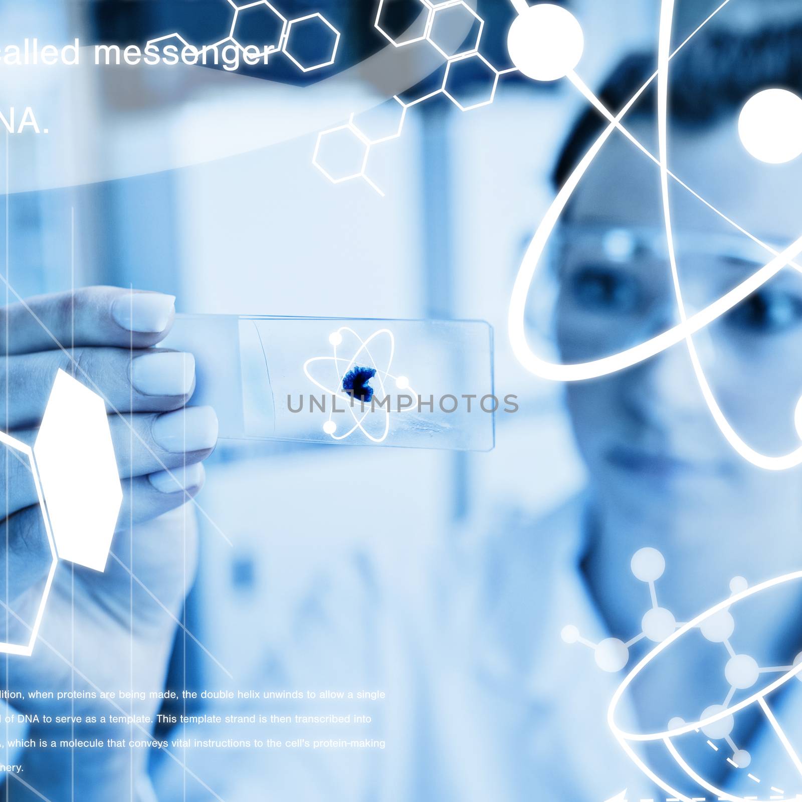 Science graphic against scientist looking at a microscope slide