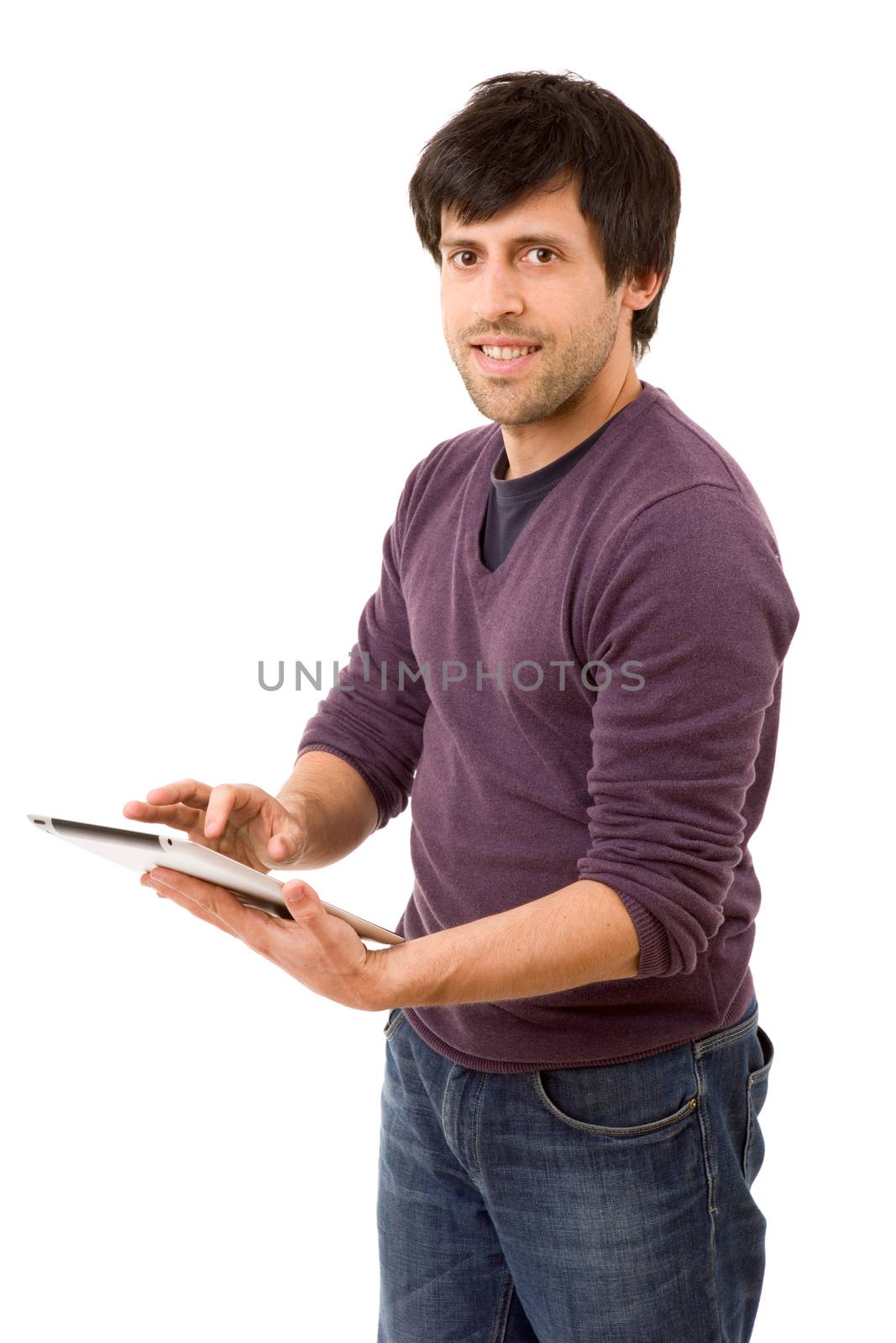 Casual young man using digital tablet isolated on white background