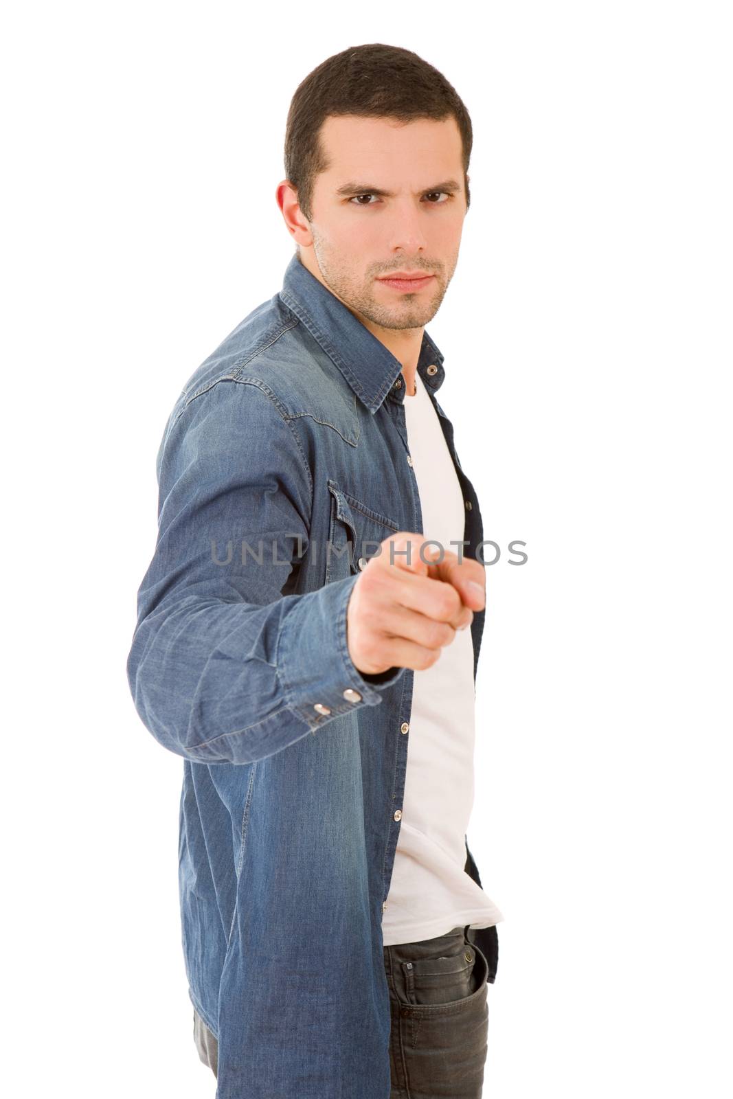 young casual man pointing, isolated on white