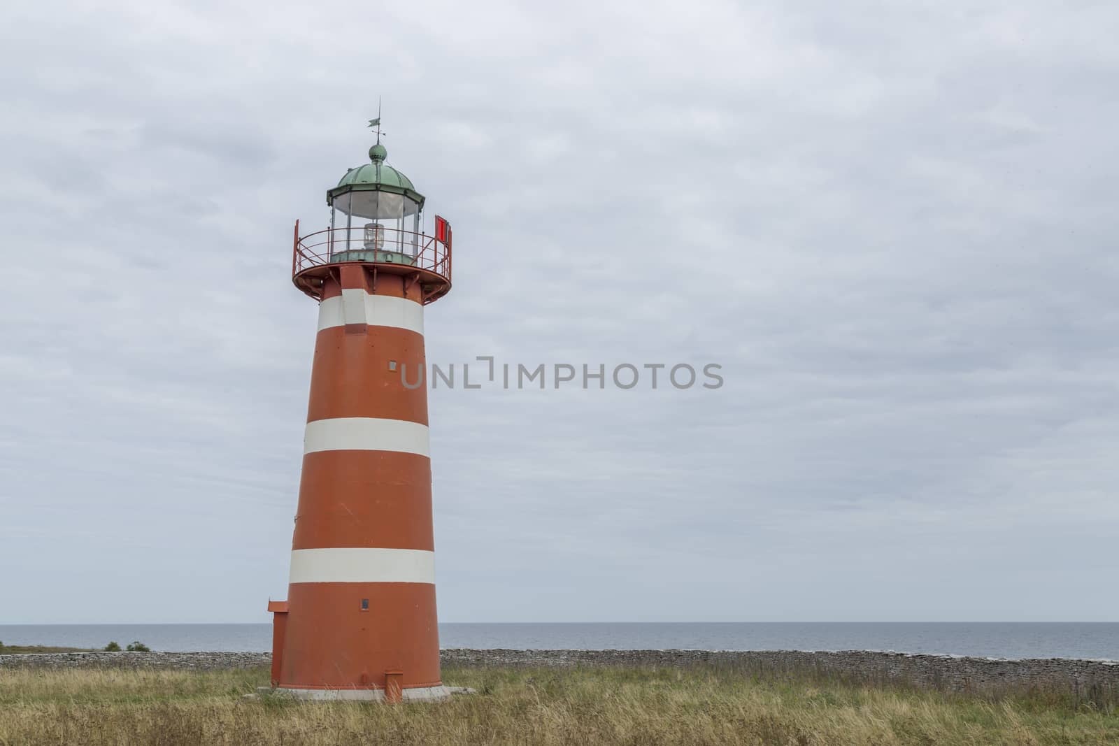 Red and White Lighthouse at Gotland, Sweden.