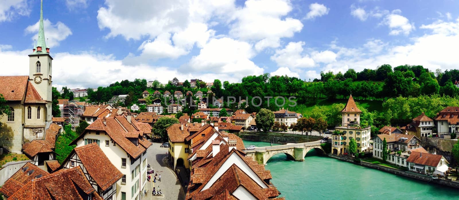panorama of historical old town city and river on bridge in Bern, Switzerland