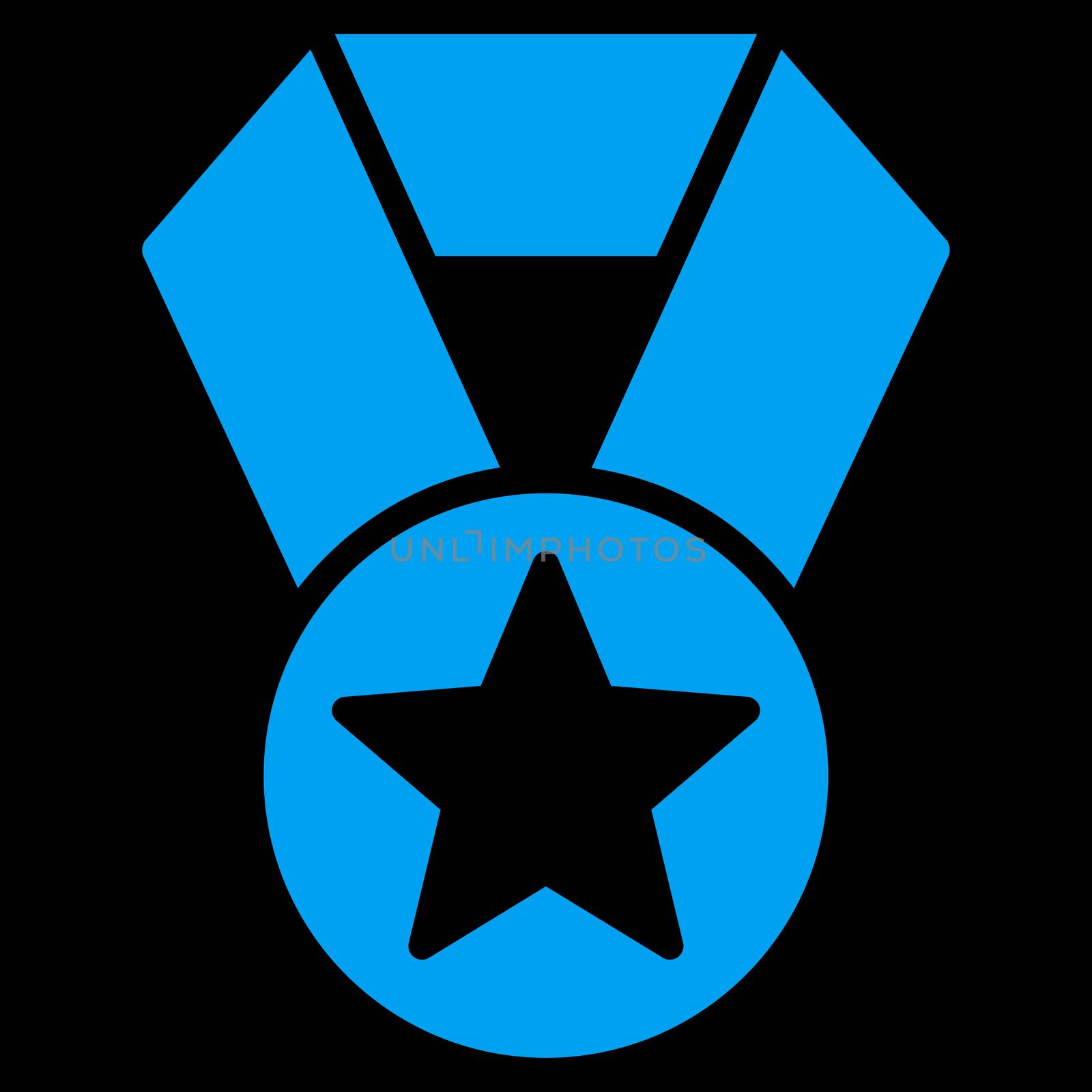 Champion medal icon from Competition & Success Bicolor Icon Set. Glyph style is flat symbols, blue color, rounded angles, black background.