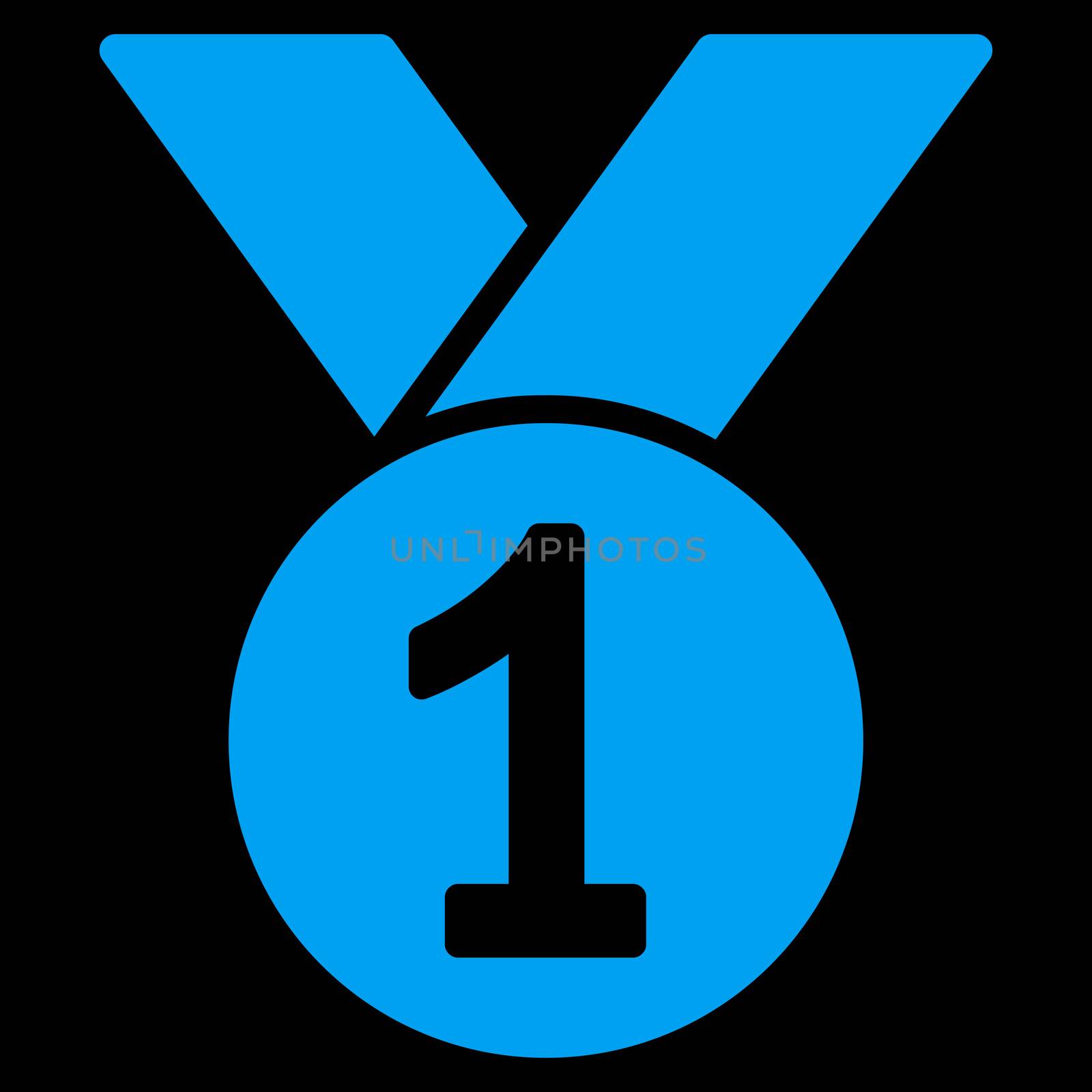 Gold medal icon from Competition & Success Bicolor Icon Set. Glyph style is flat symbols, blue color, rounded angles, black background.