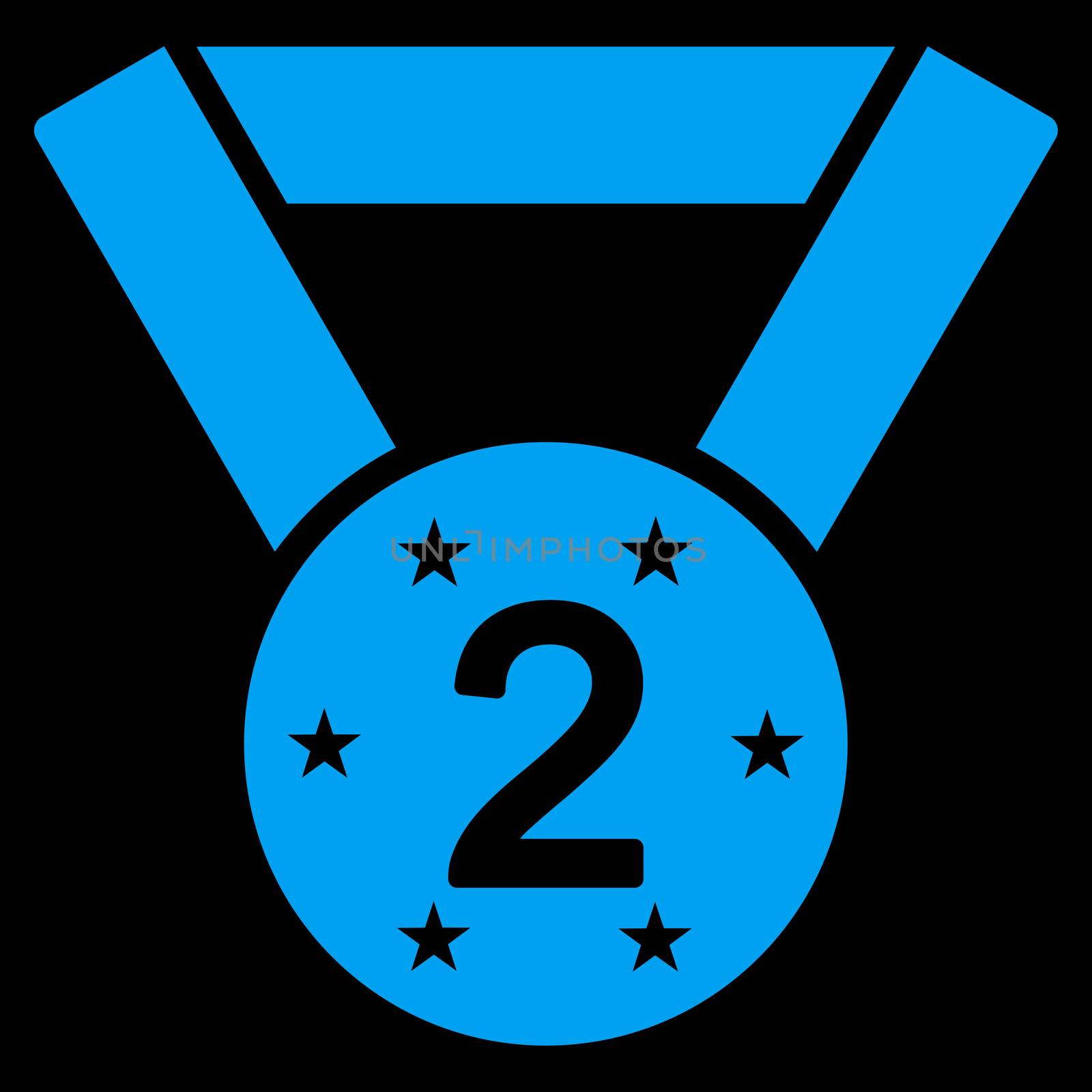 Second medal icon from Competition & Success Bicolor Icon Set. Glyph style is flat symbols, blue color, rounded angles, black background.