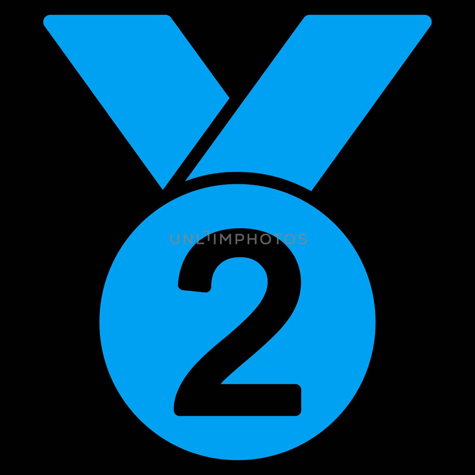 Silver medal icon from Competition & Success Bicolor Icon Set. Glyph style is flat symbols, blue color, rounded angles, black background.