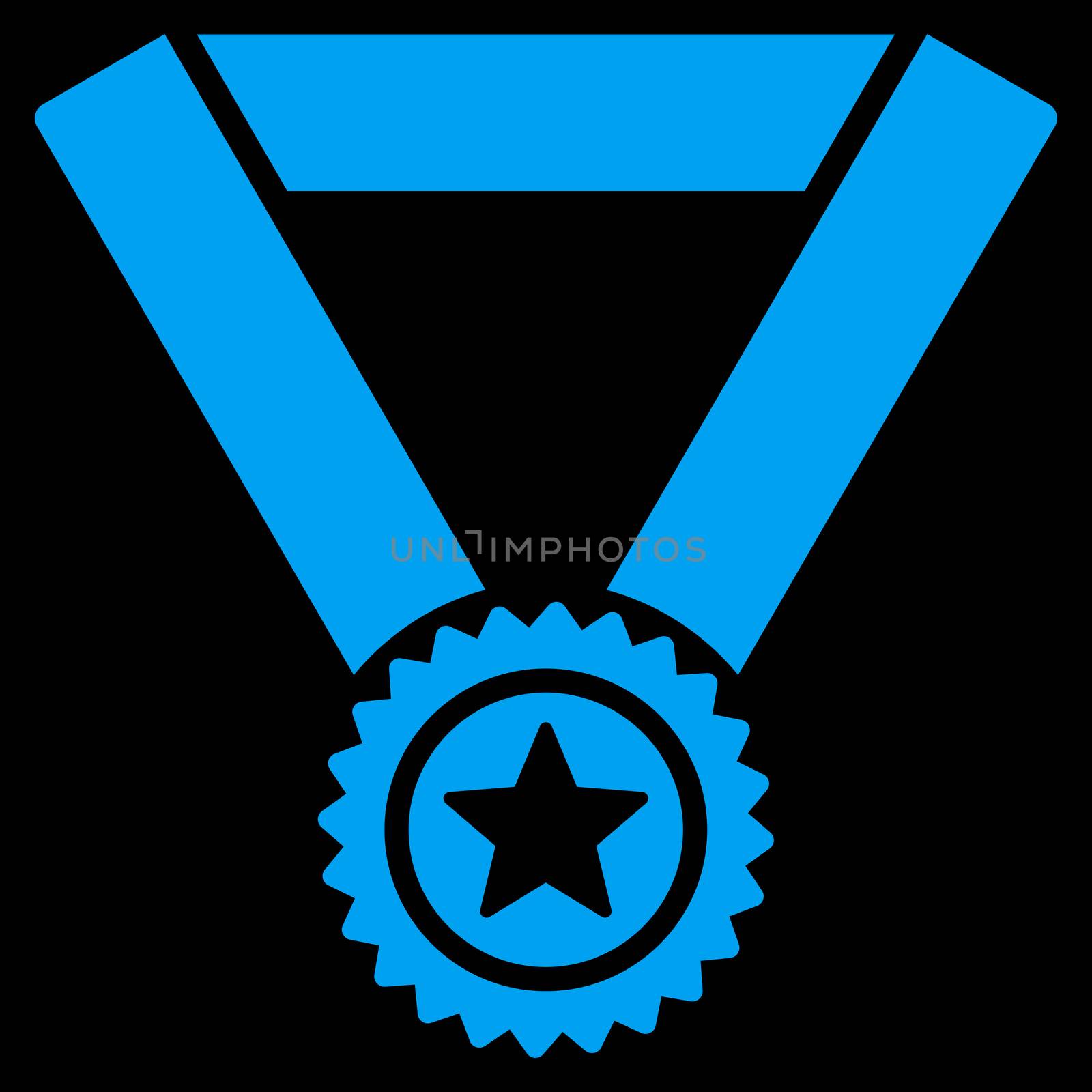 Winner medal icon from Competition & Success Bicolor Icon Set. Glyph style is flat symbols, blue color, rounded angles, black background.