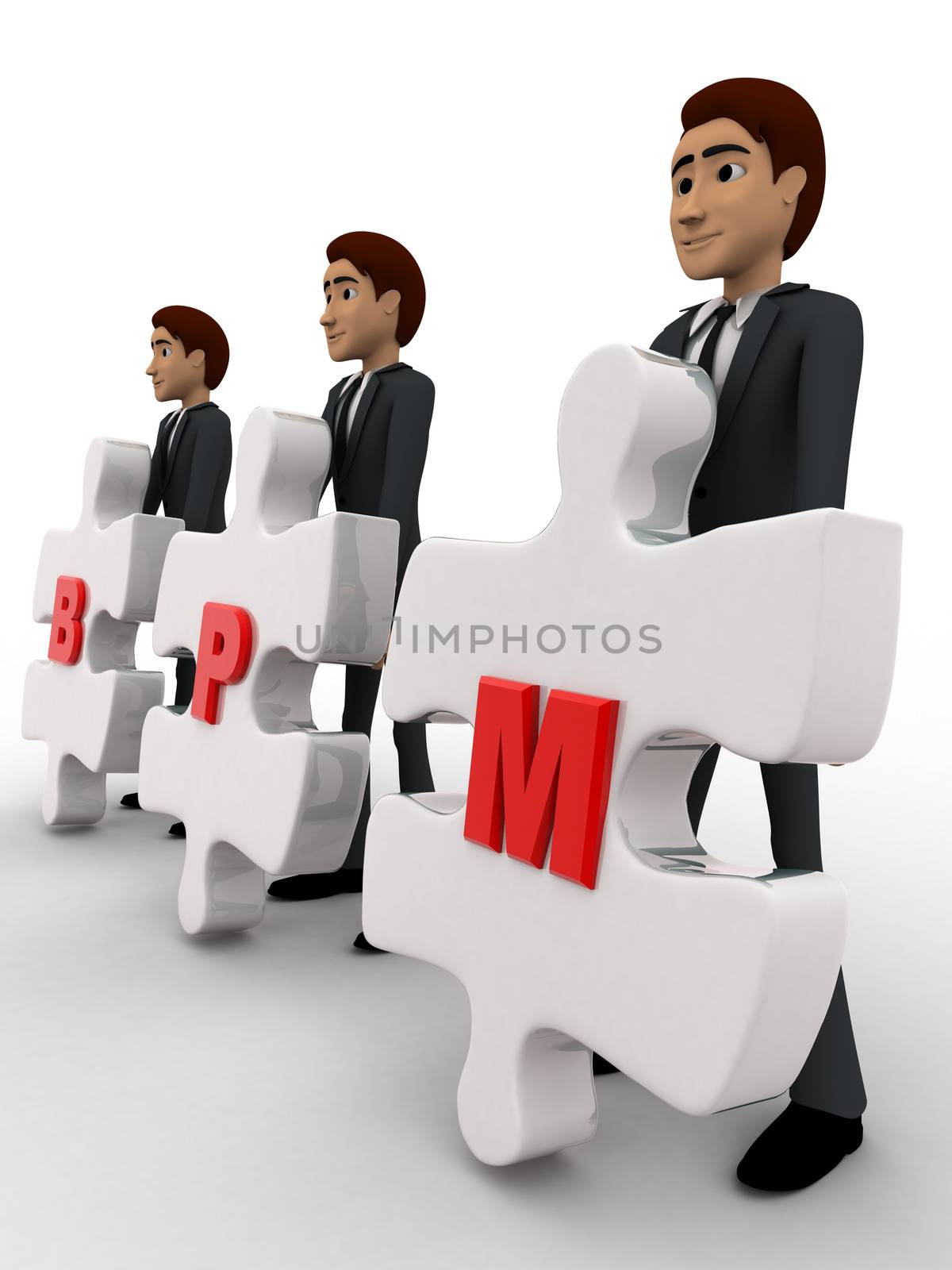 3d man with BPM written on puzzle pieces concept on white background, side angle view