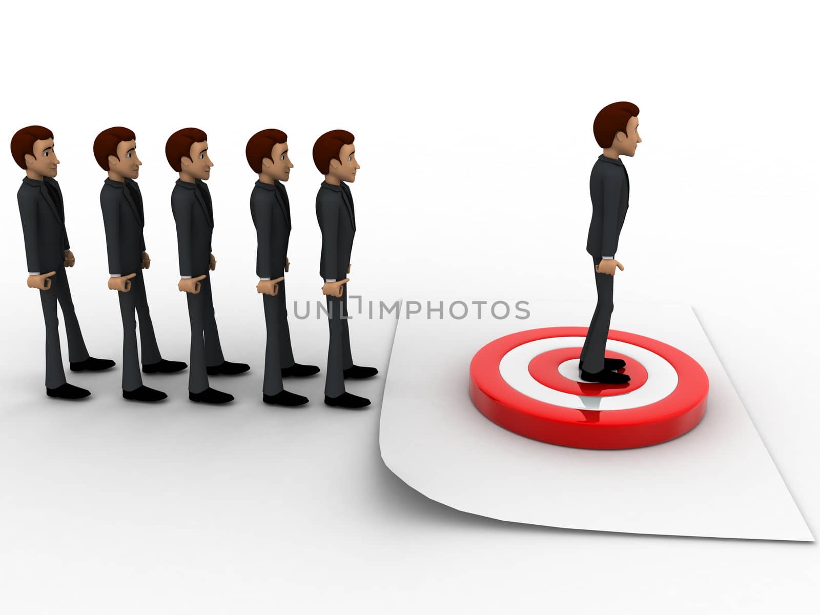 3d men in queue and standing on target board one by one concept by touchmenithin@gmail.com