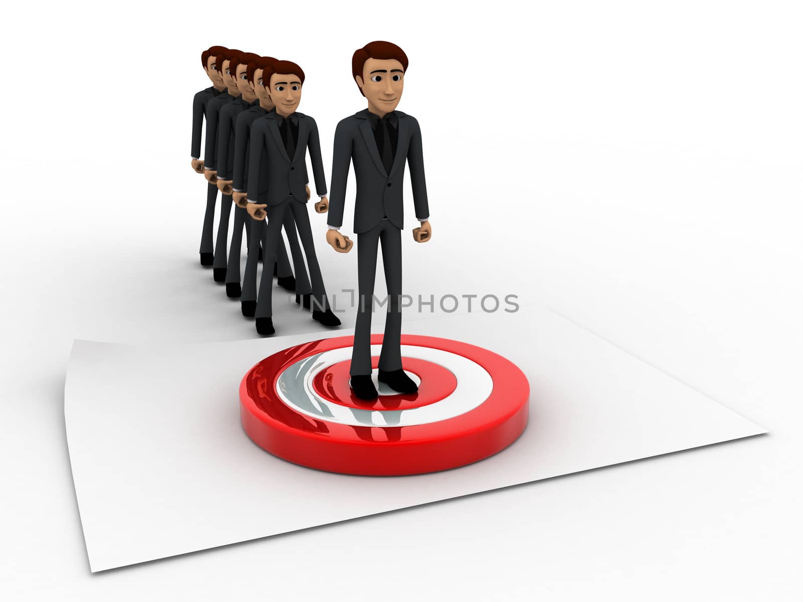 3d men in queue and standing on target board one by one concept on white background, front angle view