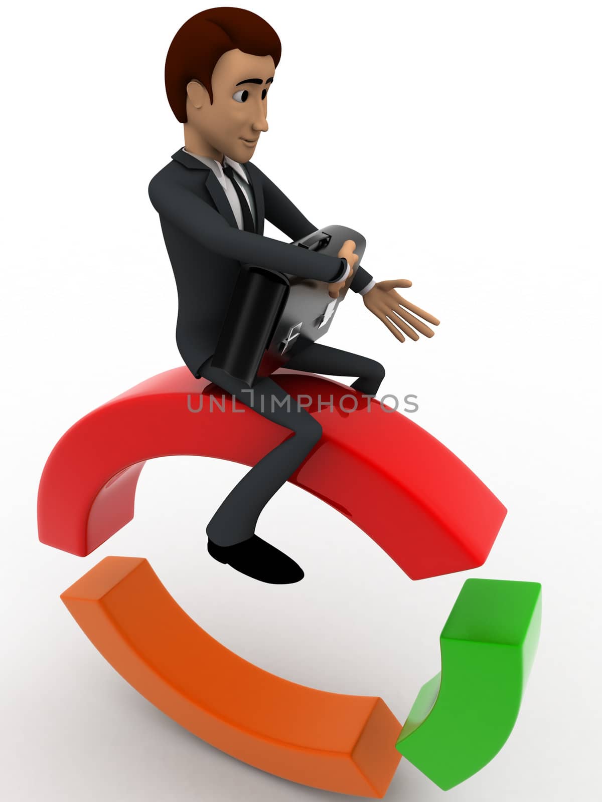 3d man sitting on circle with briefcase going to office concept on white background, side  angle view