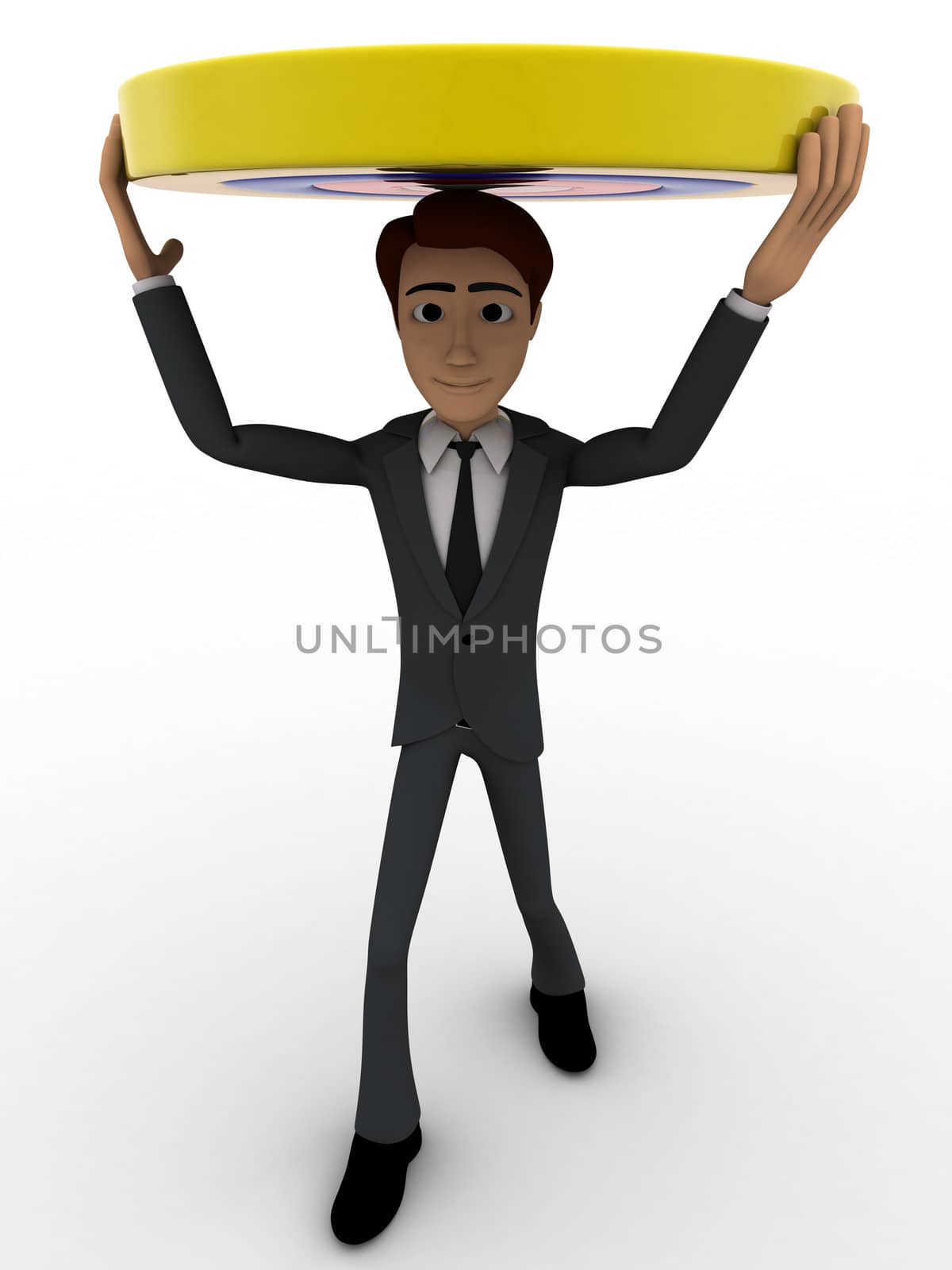 3d man carry yellow target on head concept on white background, front angle view
