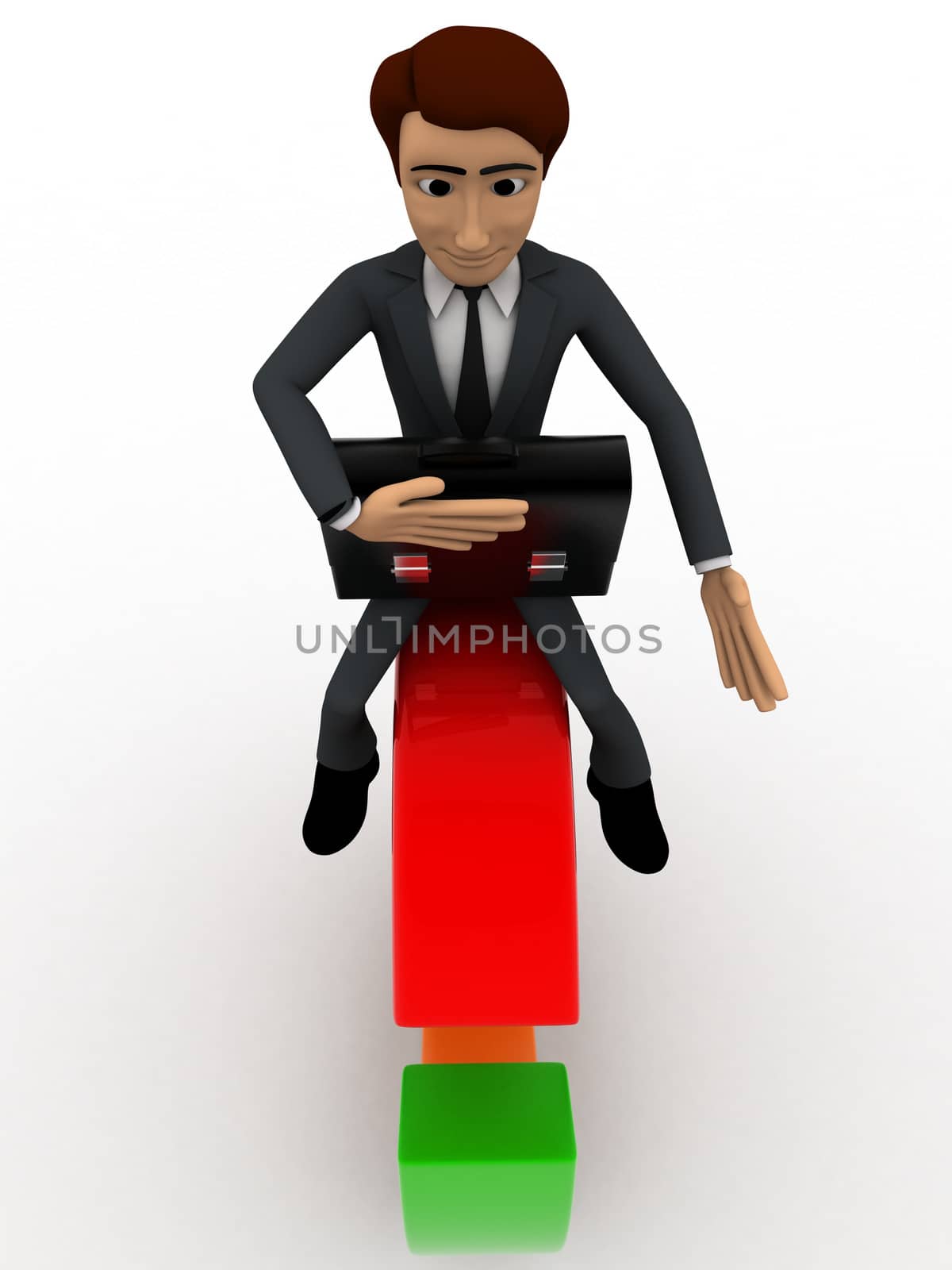 3d man sitting on circle with briefcase going to office concept on white background, front angle view