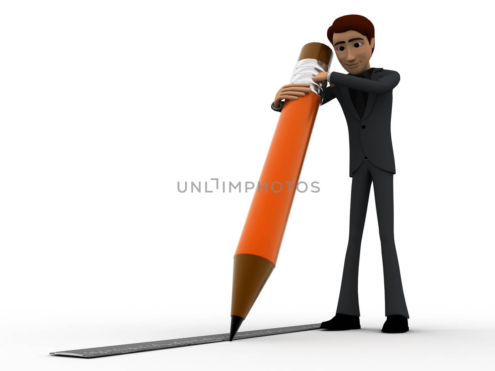 3d man drawing line using pencil concept on white background, front angle view