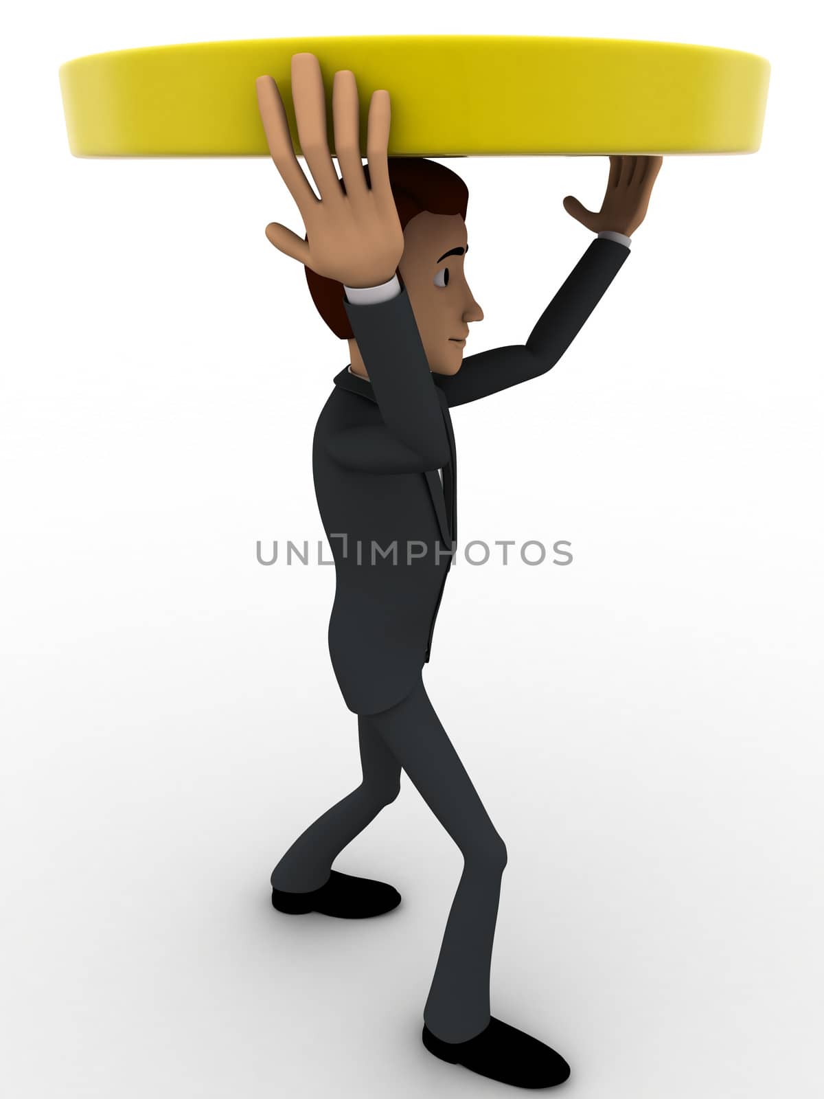 3d man carry yellow target on head concept on white background, side angle view