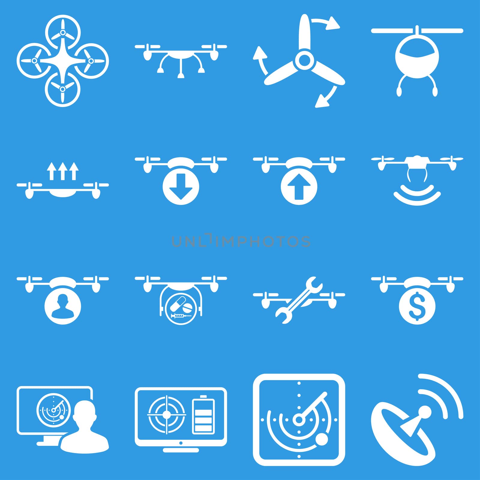 Quadcopter service icon set designed with white color. These flat pictograms are isolated on a blue background.