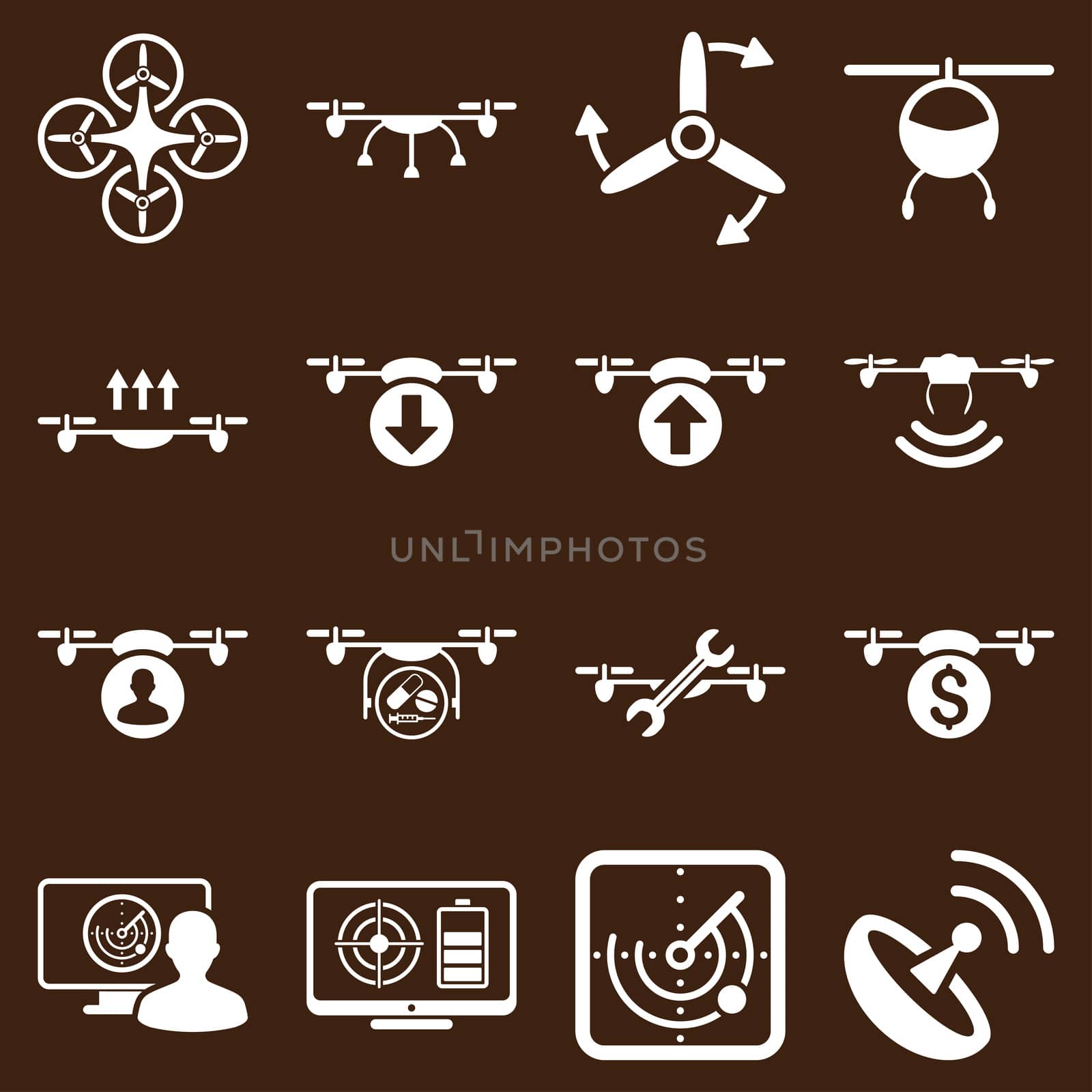 Quadcopter service icon set designed with white color. These flat pictograms are isolated on a brown background.
