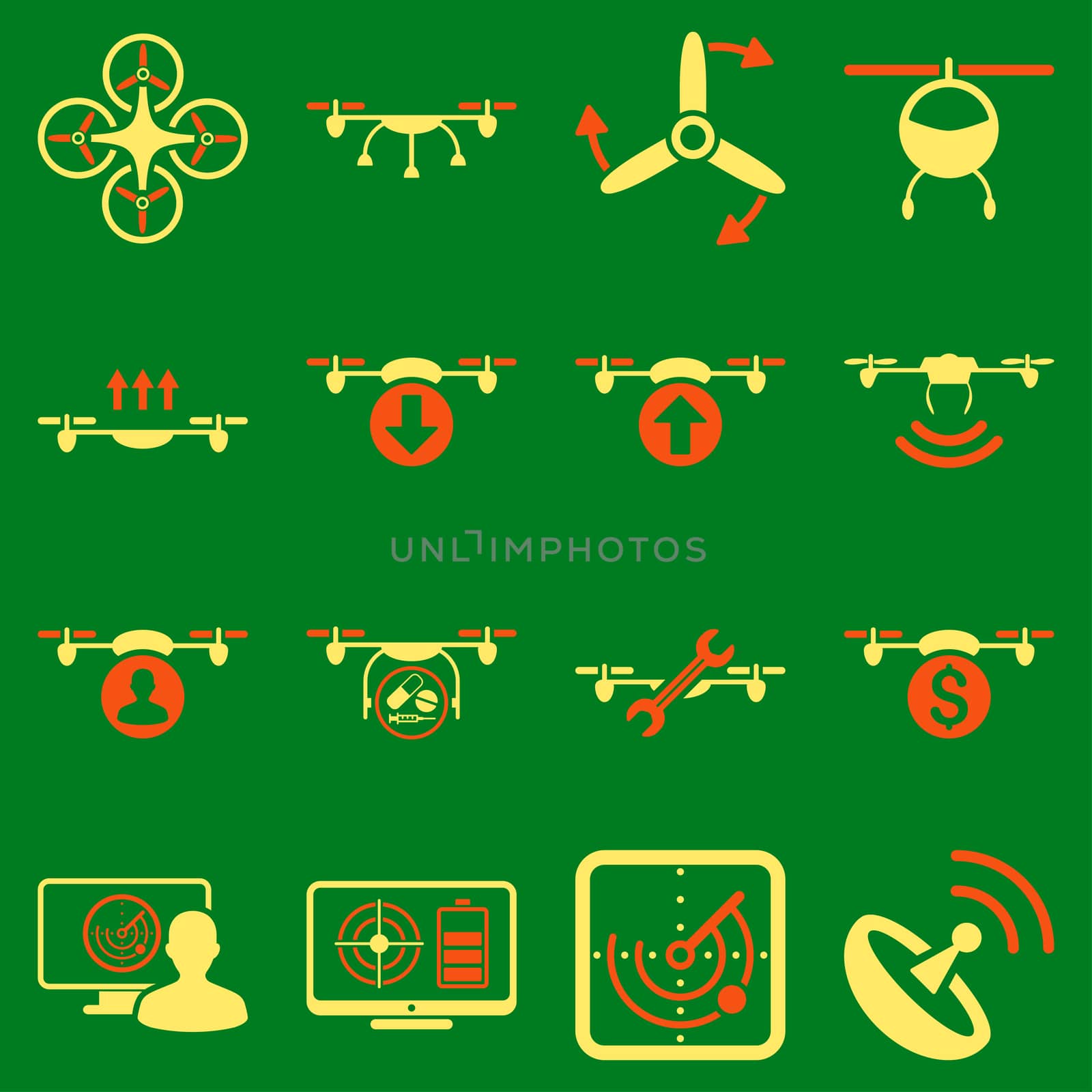 Quadcopter service icon set designed with orange and yellow colors. These flat bicolor pictograms are isolated on a green background.