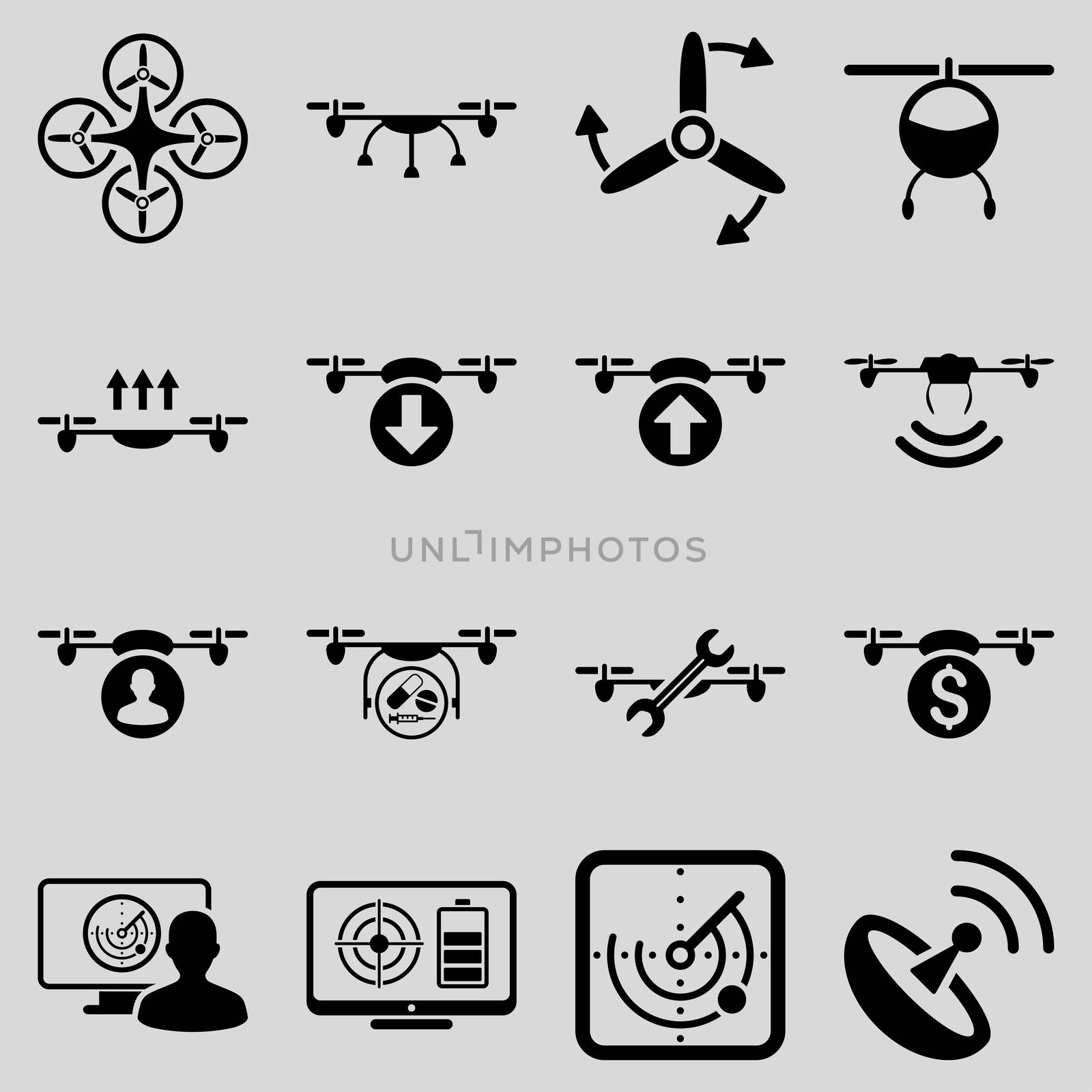 Quadcopter service icon set designed with black color. These flat pictograms are isolated on a light gray background.
