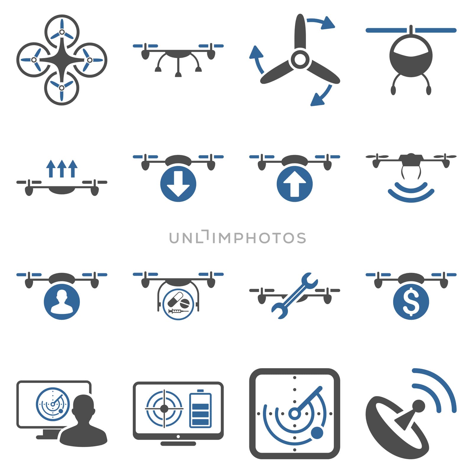Quadcopter service icon set designed with cobalt and gray colors. These flat bicolor pictograms are isolated on a white background.