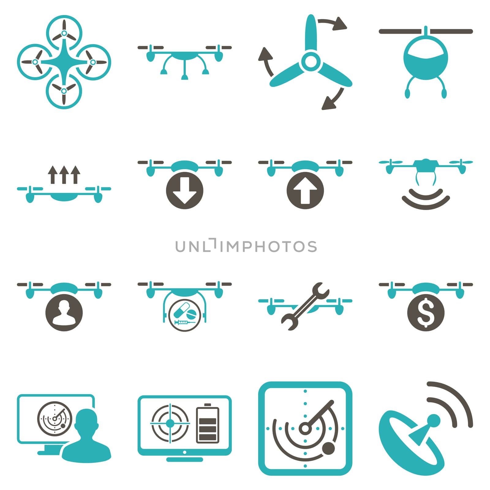Quadcopter service icon set designed with grey and cyan colors. These flat bicolor pictograms are isolated on a white background.