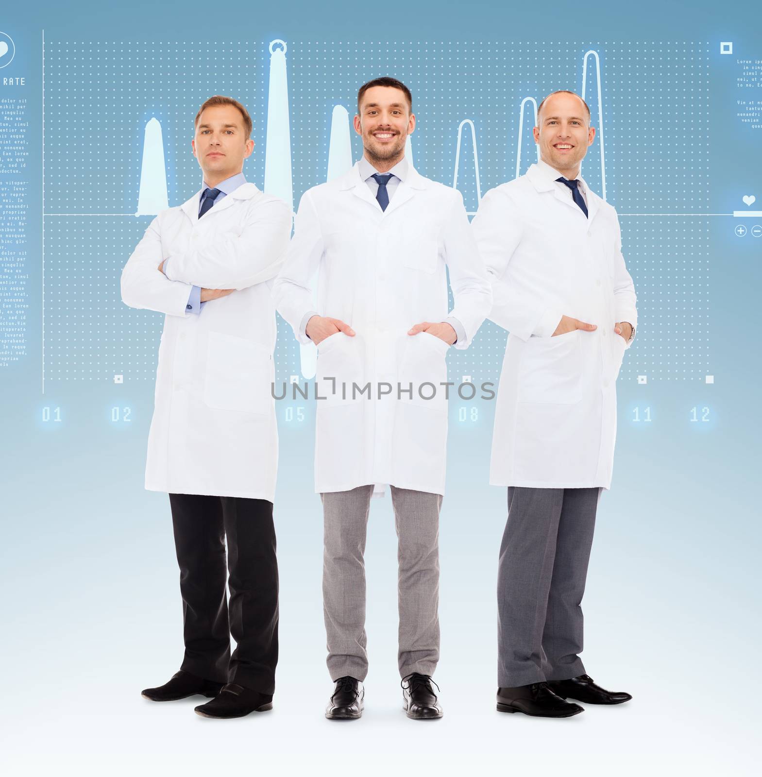 healthcare, profession, teamwork and medicine concept - group of smiling male doctors in white coats over blue background with cardiogram