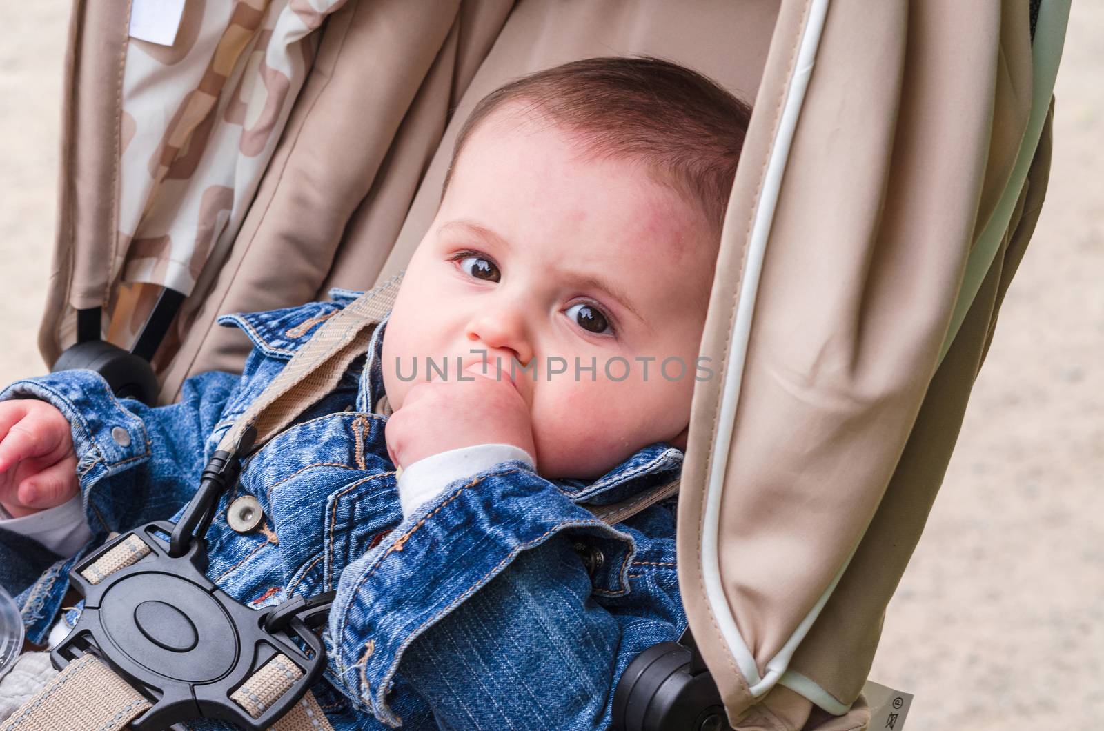 Little child baby in a baby carriage on a walk in nature.