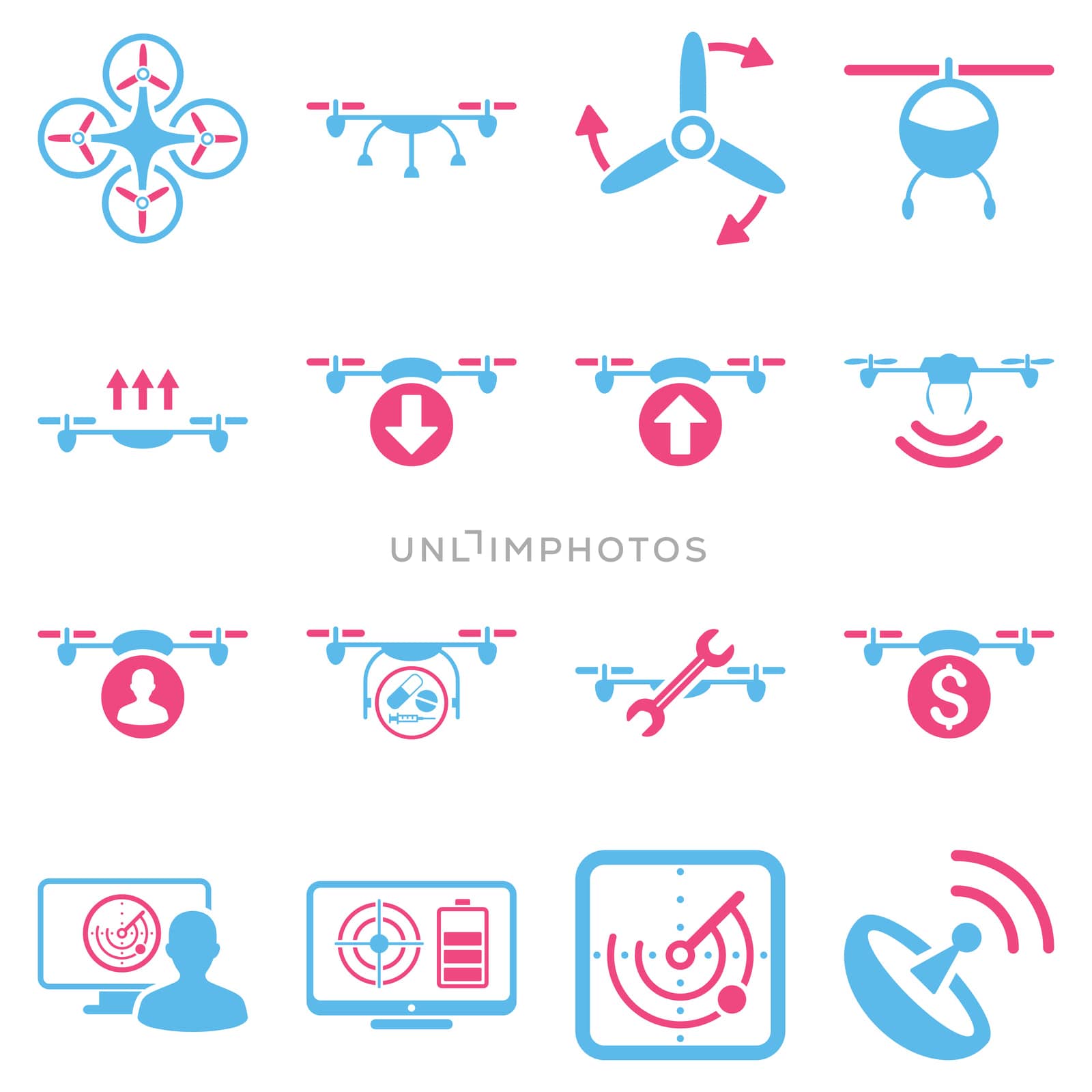 Quadcopter service icon set designed with pink and blue colors. These flat bicolor pictograms are isolated on a white background.