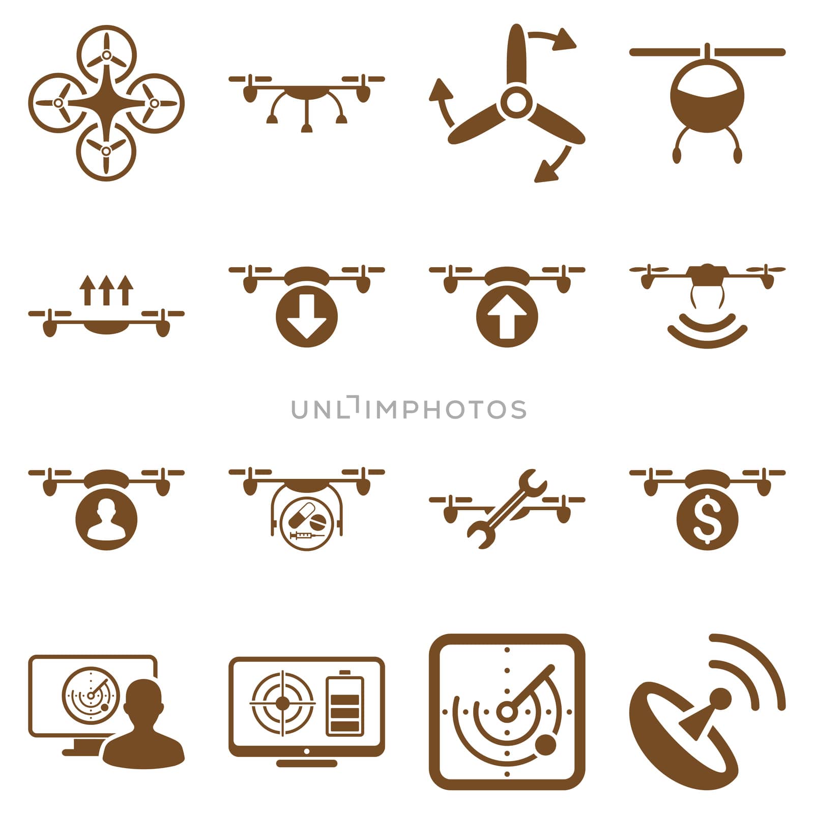 Quadcopter service icon set designed with brown color. These flat pictograms are isolated on a white background.