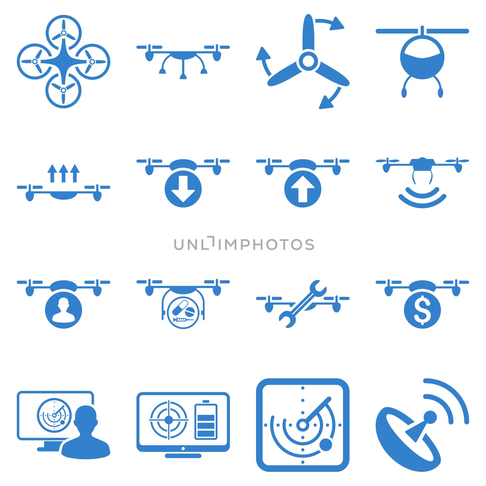 Quadcopter service icon set designed with cobalt color. These flat pictograms are isolated on a white background.