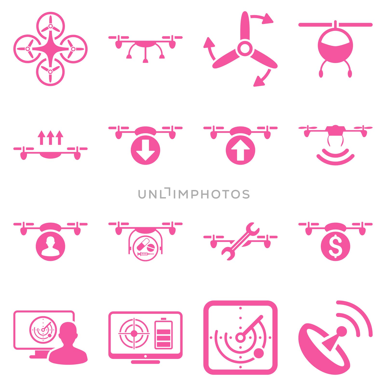 Quadcopter service icon set designed with pink color. These flat pictograms are isolated on a white background.