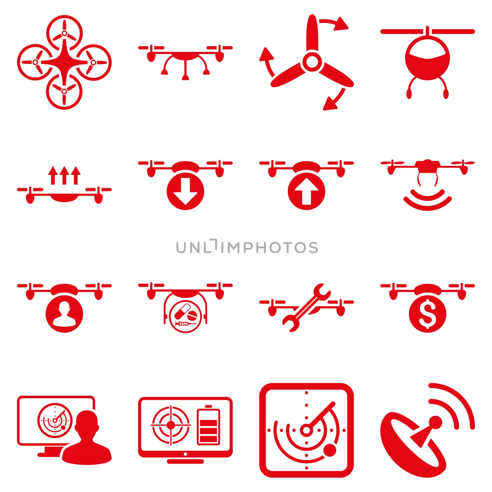 Quadcopter service icon set designed with red color. These flat pictograms are isolated on a white background.