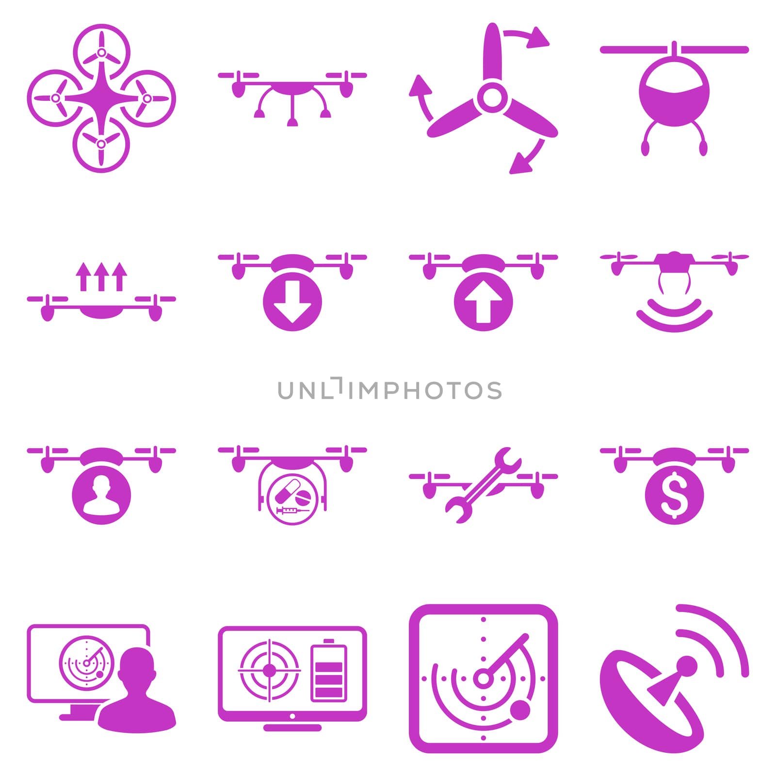 Quadcopter service icon set designed with violet color. These flat pictograms are isolated on a white background.