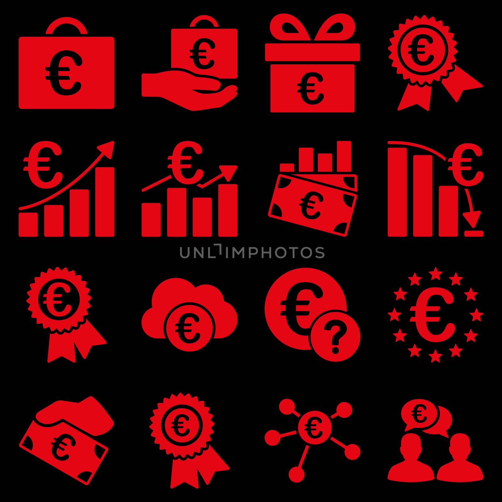 Euro banking business and service tools icons. These flat icons use red color. Images are isolated on a black background. Angles are rounded.