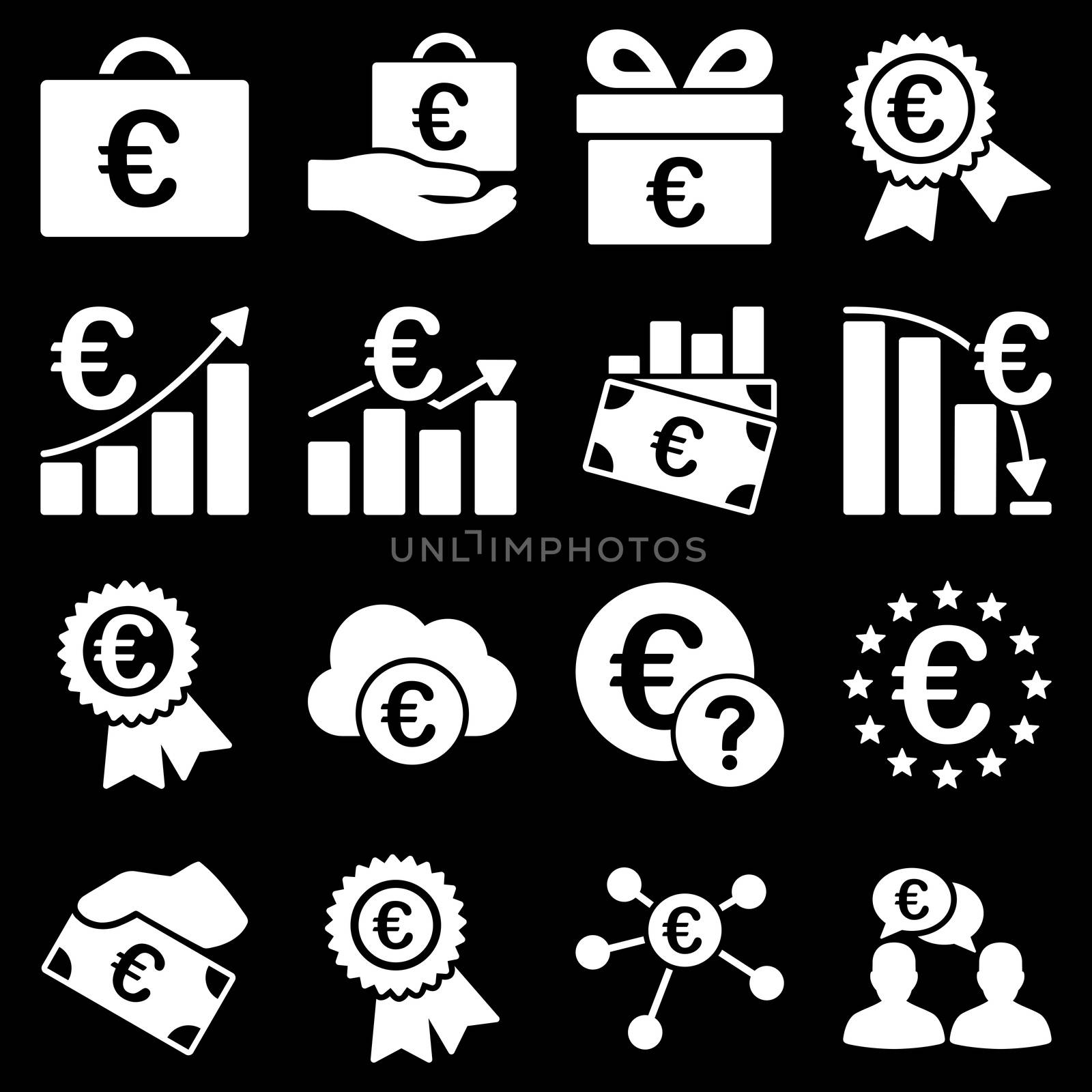 Euro banking business and service tools icons. These flat icons use white color. Images are isolated on a black background. Angles are rounded.
