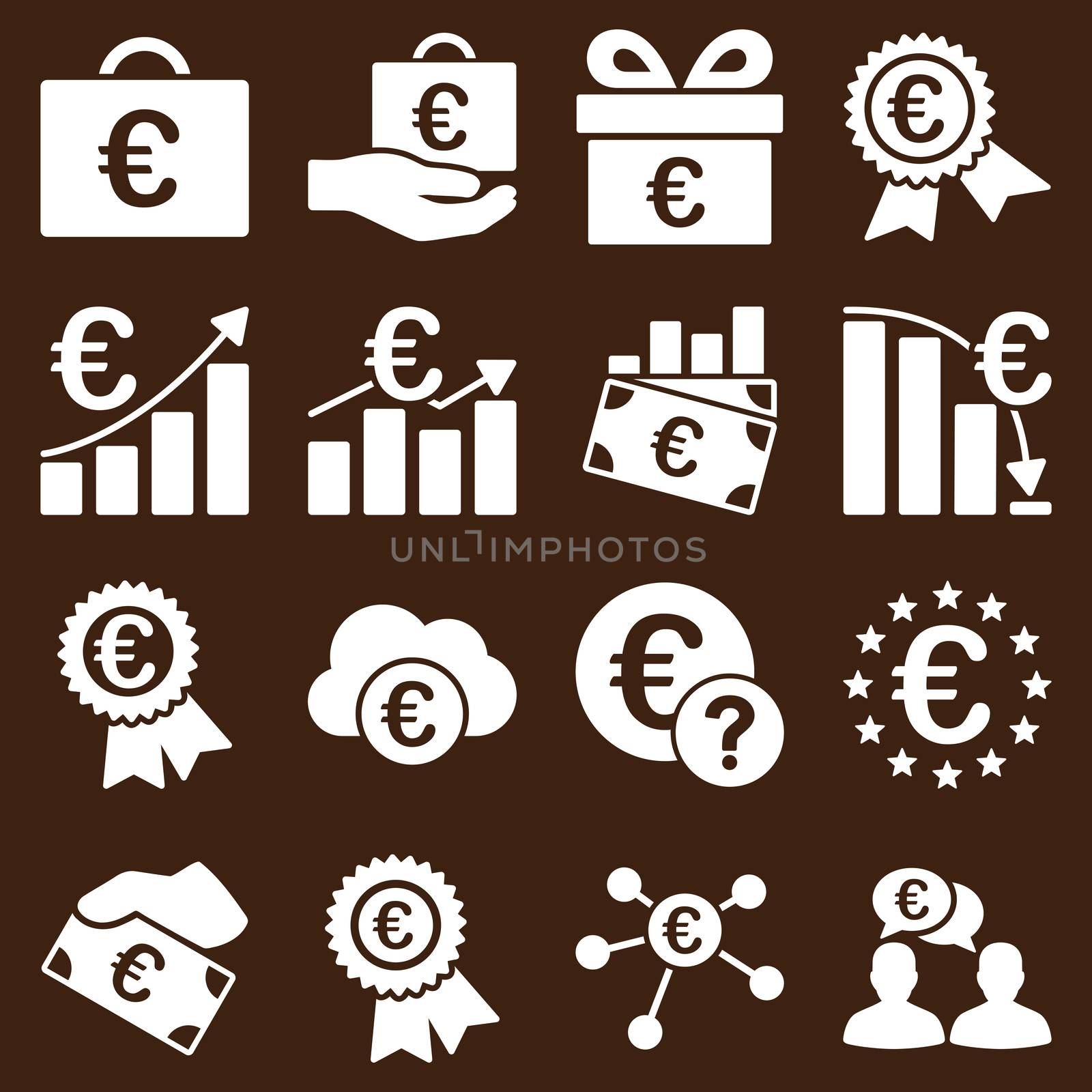 Euro banking business and service tools icons. These flat icons use white color. Images are isolated on a brown background. Angles are rounded.