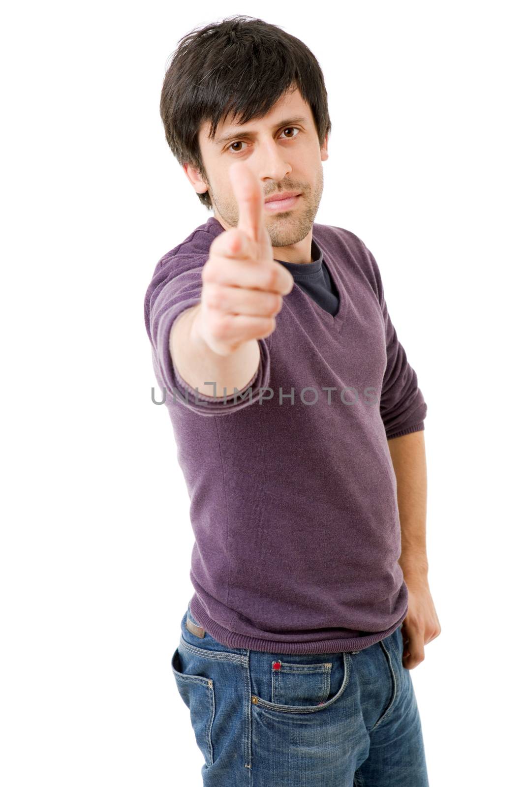 young casual man going thumbs up, isolated on white background