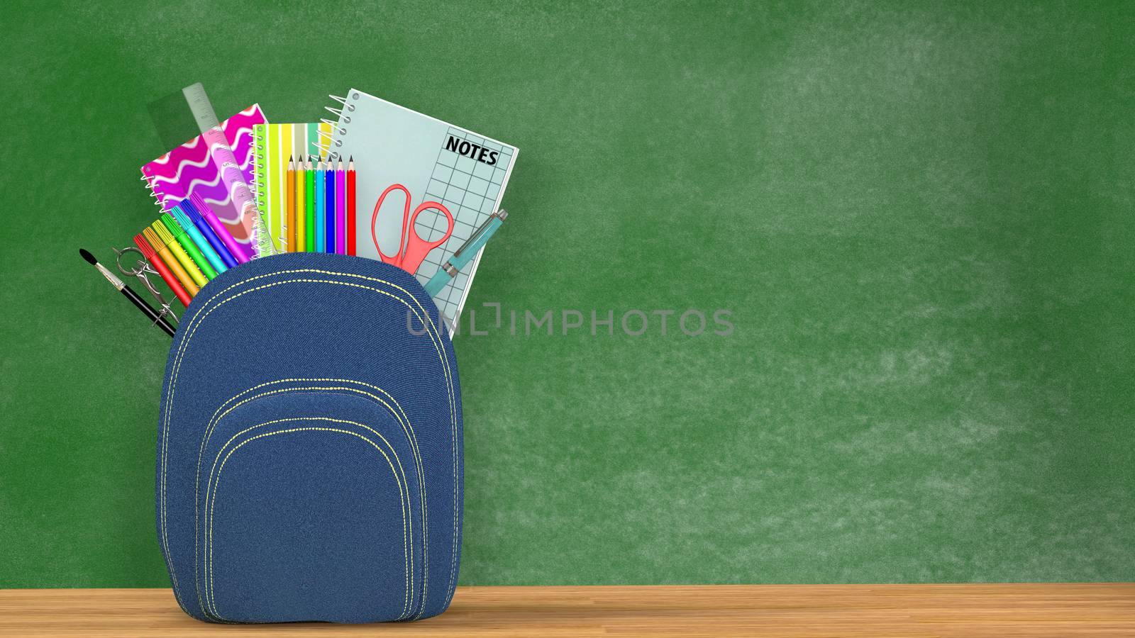 Back to school. A blue Satchel full of school supplies in front of a green blackboard into a classroom.