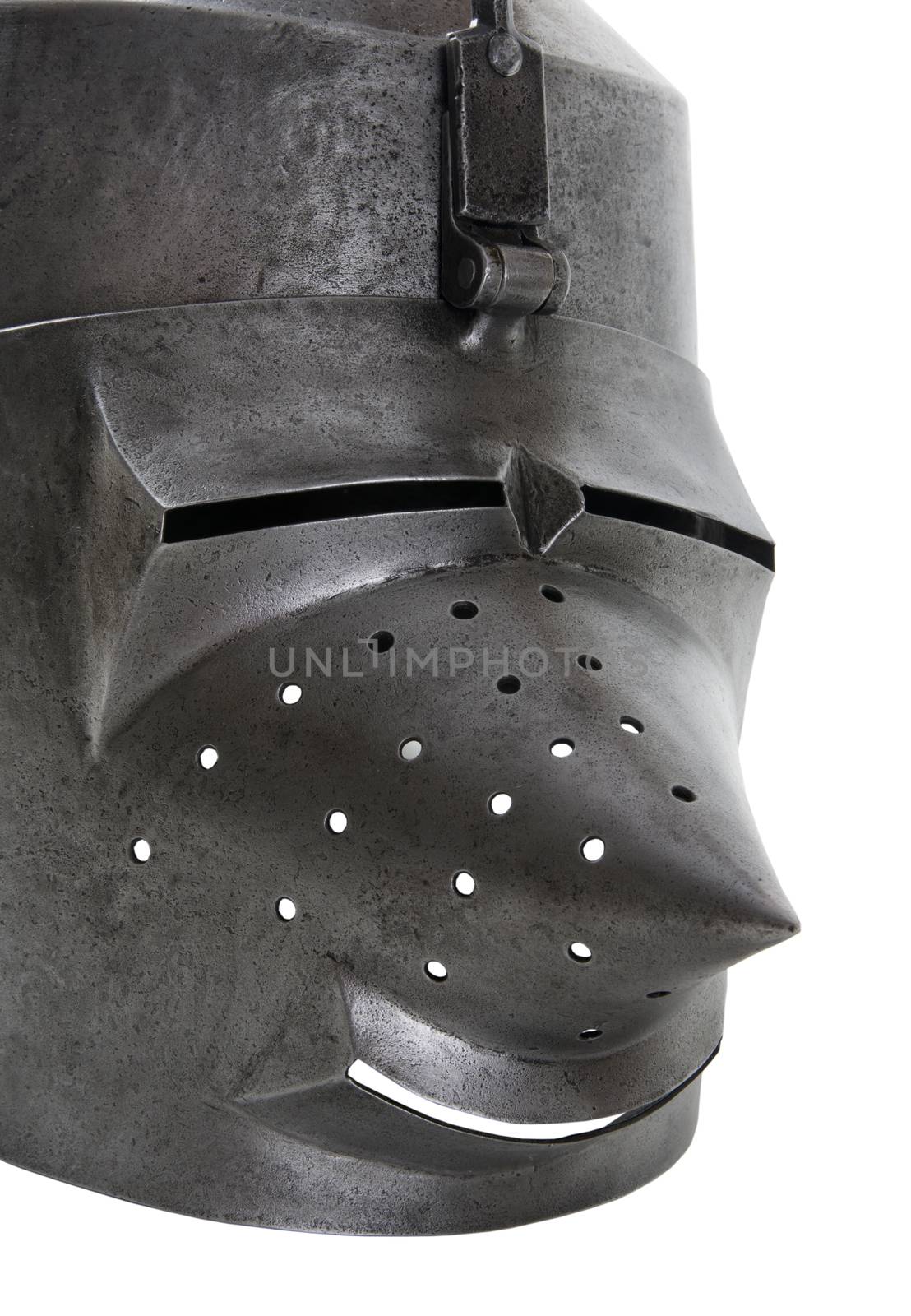 Iron helmet of the medieval knight. Very heavy headdress