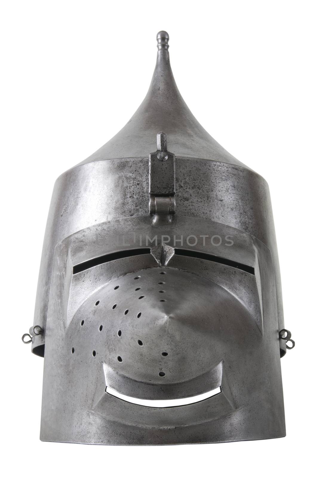 Iron helmet of the medieval knight. Very heavy headdress