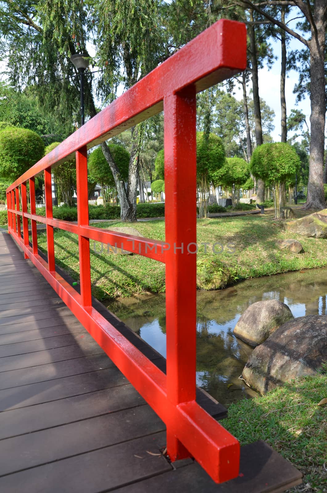 Red bridge in Chinese Garden located in Singapore