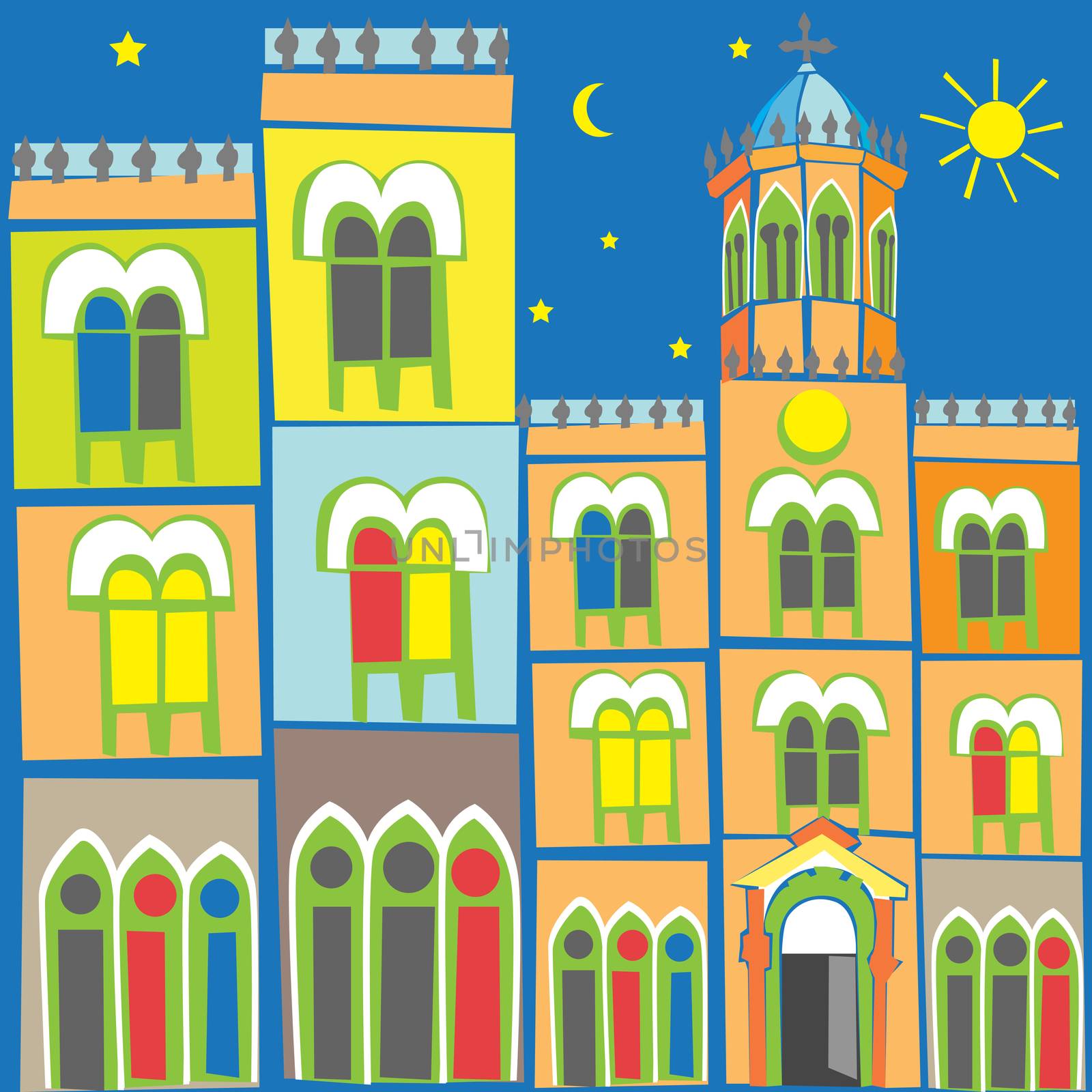 Cartoon illustration of a decorative composition with old city architecture 