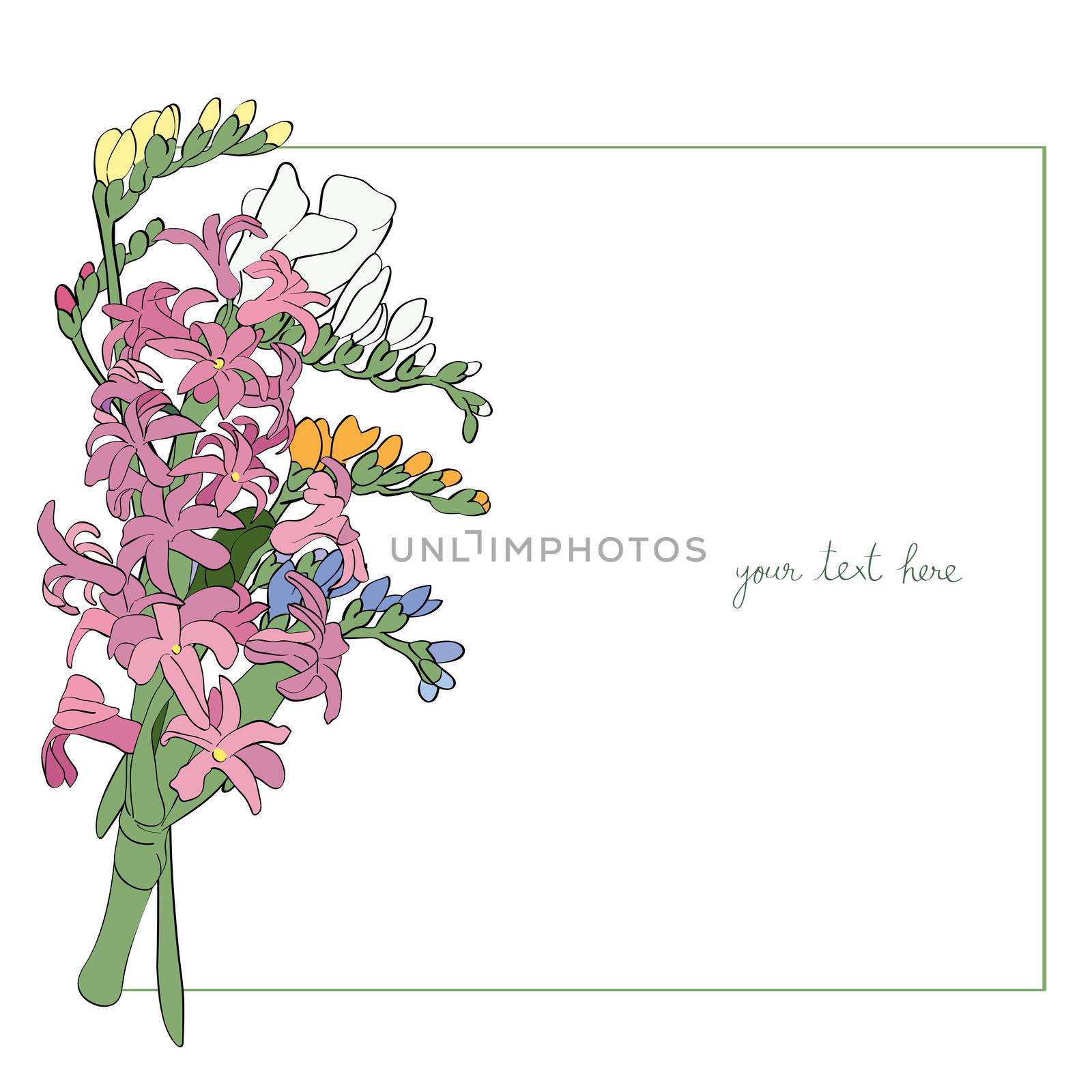 Spring flowers bouquet card illustration, sparse composition with simple frame over white