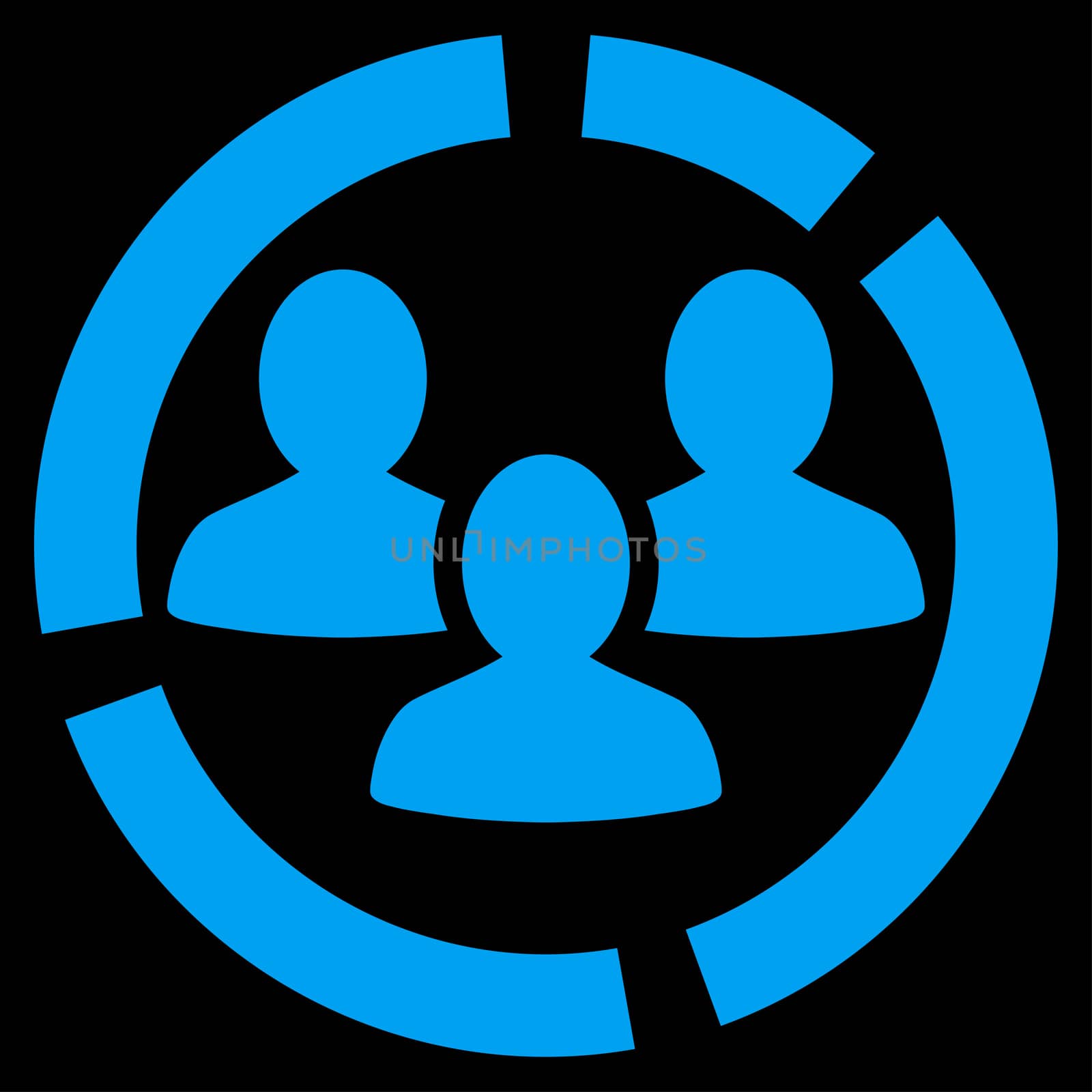 Demography diagram icon. Glyph style is flat symbol, blue color, rounded angles, black background.