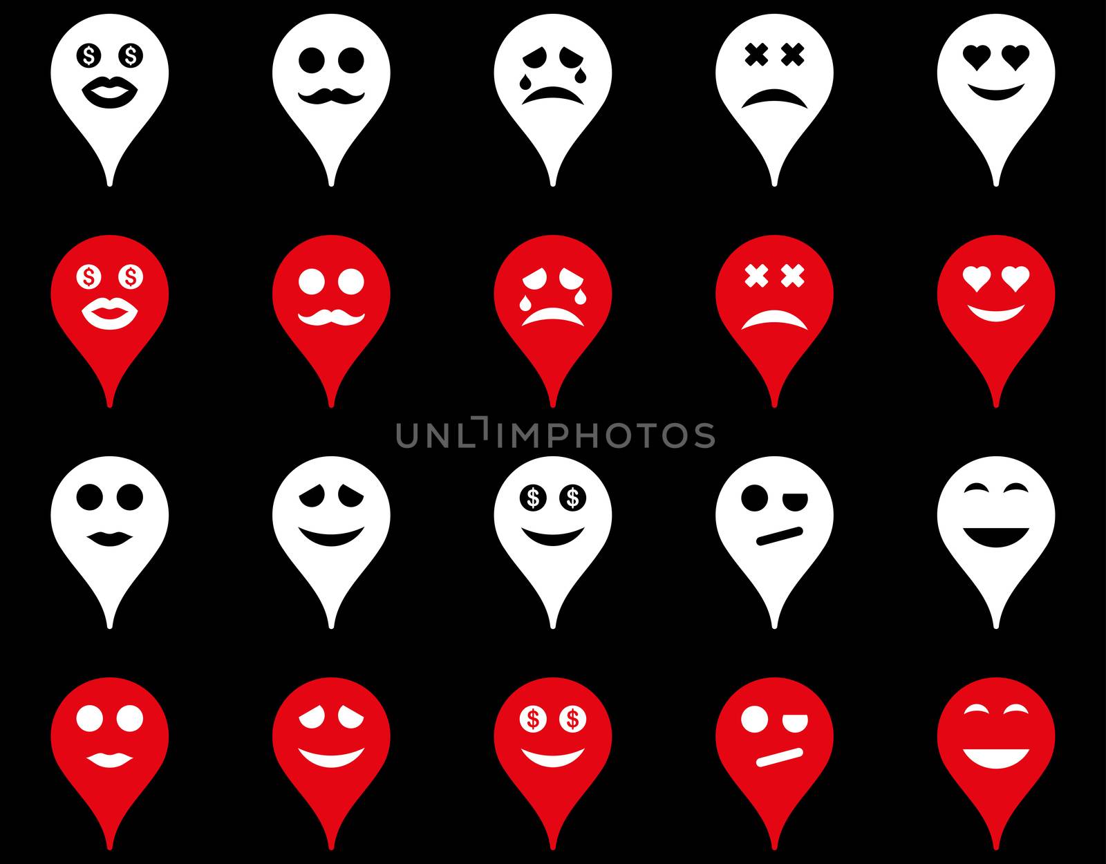 Emotion map marker icons. Glyph set style is bicolor flat images, red and white symbols, isolated on a black background.